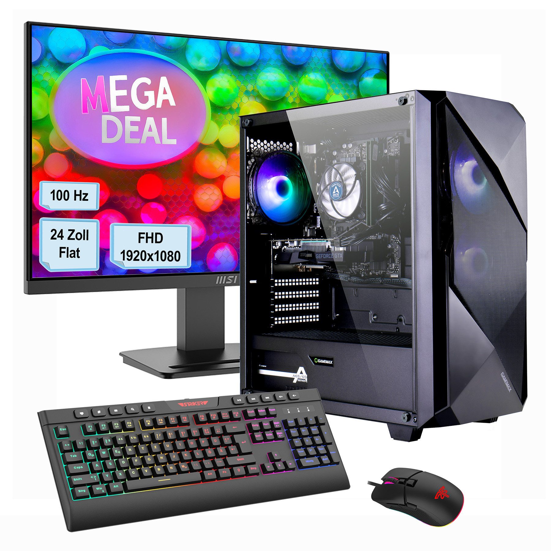 GAMEMAX MegaDeal Striker 2736 AMD Ryzen 7 5700X 16GB 1000GB SSD RTX 5060 Gaming-PC-Komplettsystem (24", AMD Ryzen 7 5700X, RTX 5060, 16 GB RAM, 1000 GB SSD, Windows 11 + MSI PRO MP2412 Monitor 60cm (24)