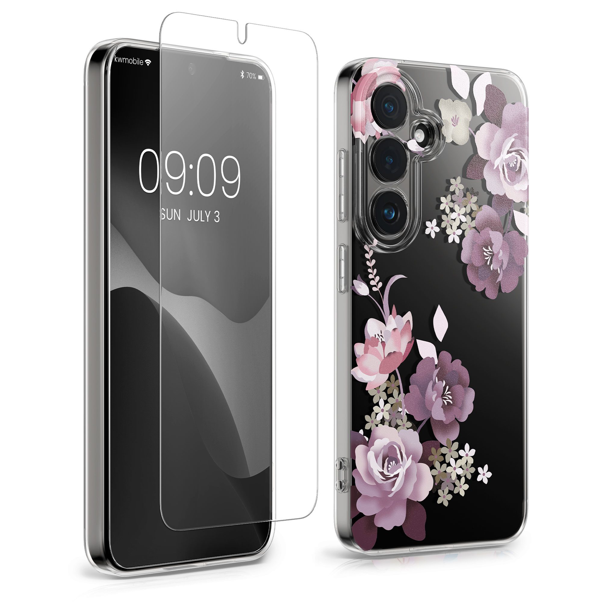 kwmobile Smartphone-Hülle Hülle für Samsung Galaxy S26 Handyhülle - Silikon, Case mit Schutzfolie Blumenblüten und Rosen Design