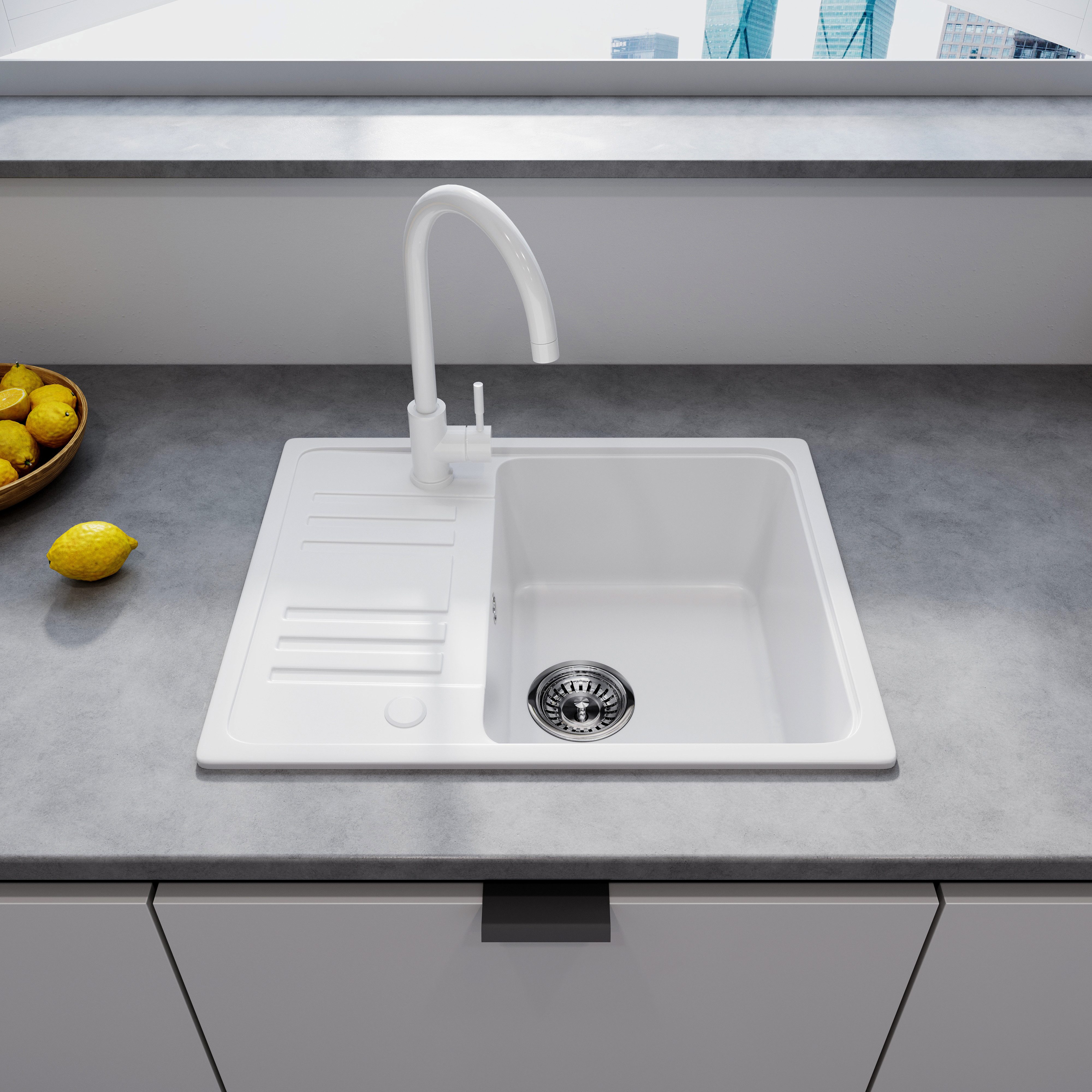 HOROW Granitspüle Küchenspüle Granit Siphon Einbauspüle Spülbecken, 57/45 c günstig online kaufen