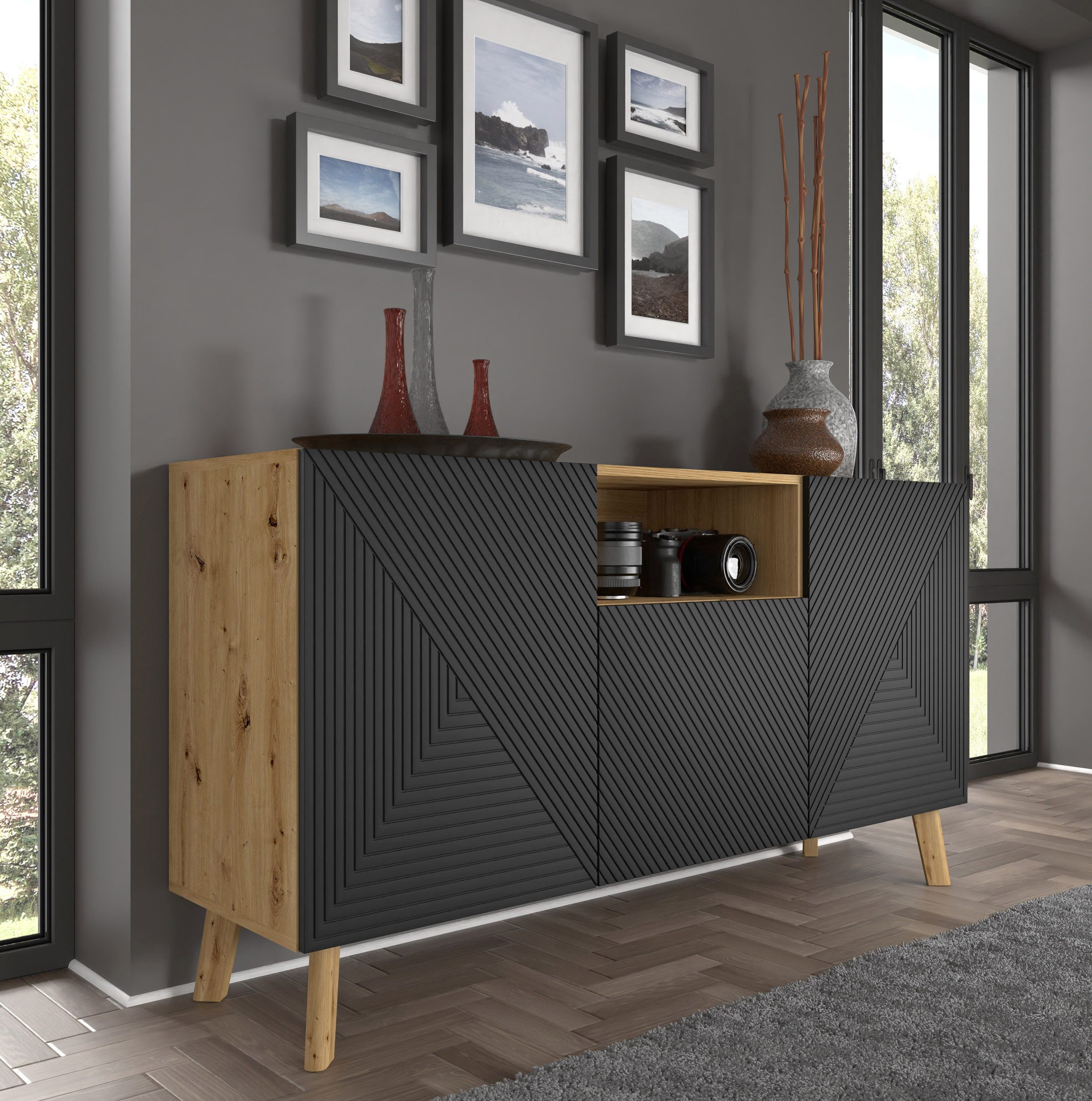 Raumhirsch Furniture Kommode Sideboard, Lowboard, Wohnmöbel mit Schubladen und Türen (Maße: 146 x 41,8 x 80 (H) cm, 3 Türen), Push to Open, Stabile Konstruktion, Holzfüße
