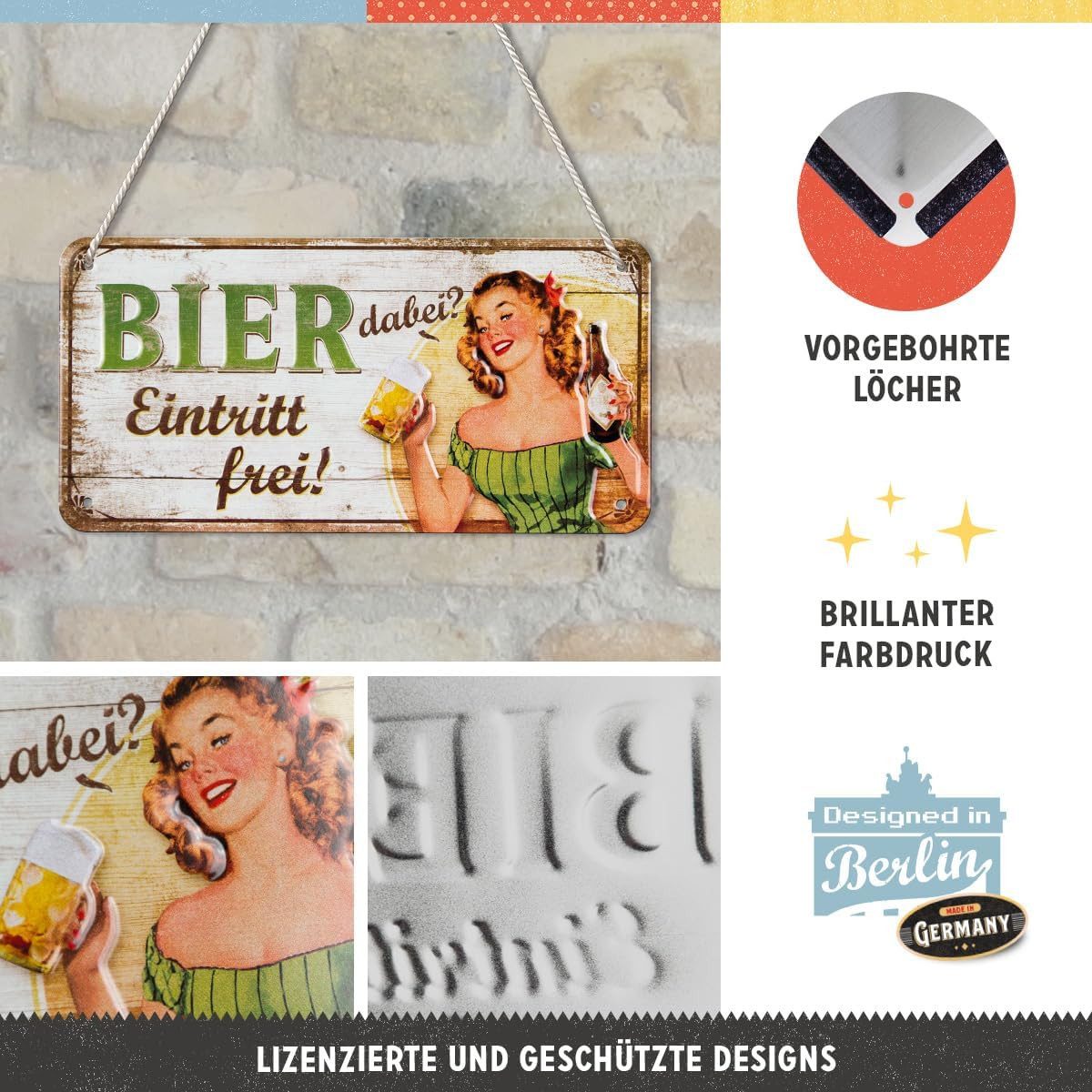 Nostalgic-Art Metallschild Nostalgic-Art - Hängeschild - Bier dabei - Eintritt frei