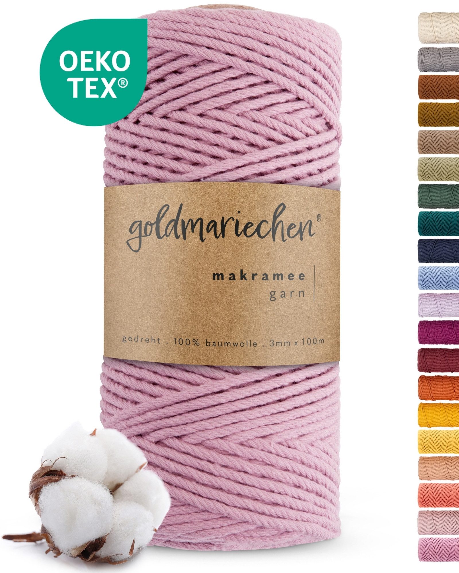 goldmariechen Makramee-Garn 3mm mehrfach gedreht Bastelgarn, 100% Baumwolle