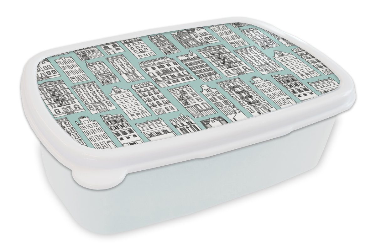 MuchoWow Lunchbox Muster - Häuser - Skandinavisch, Kunststoff, (2-tlg), Brotbox für Kinder und Erwachsene, Brotdose, für Jungs und Mädchen weiß