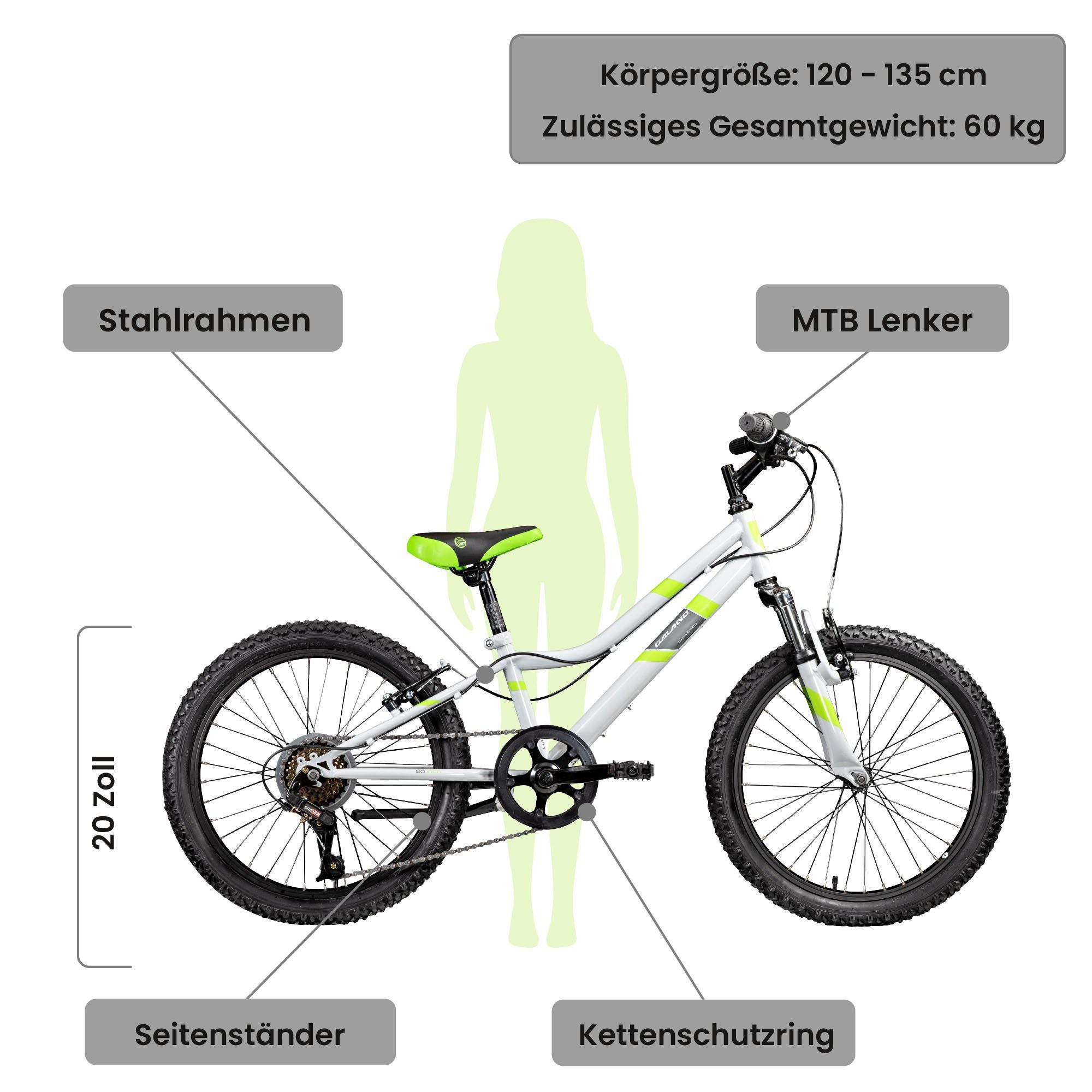 Galano Mountainbike GA20, 7 Gang, Kettenschaltung, Kinderfahrrad 20 Zoll 120 - 135 cm Mädchen Jungen Fahrrad ab 5 Jahre