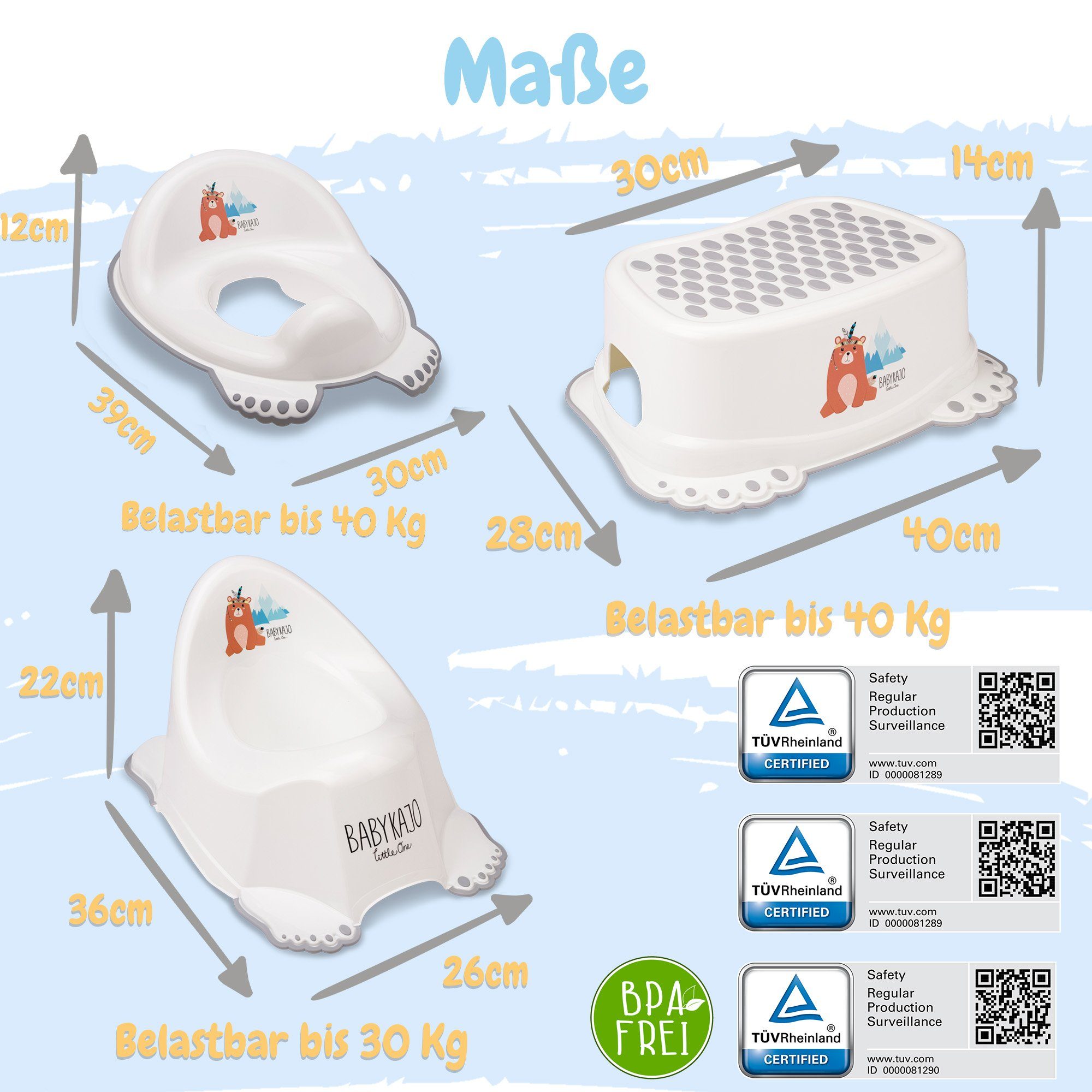 Babykajo Babybadewanne, (Teile, 7-tlg), Baby Badewanne mit Gestell + Badesitz + Töpfchen + Hocker + WC Trainer