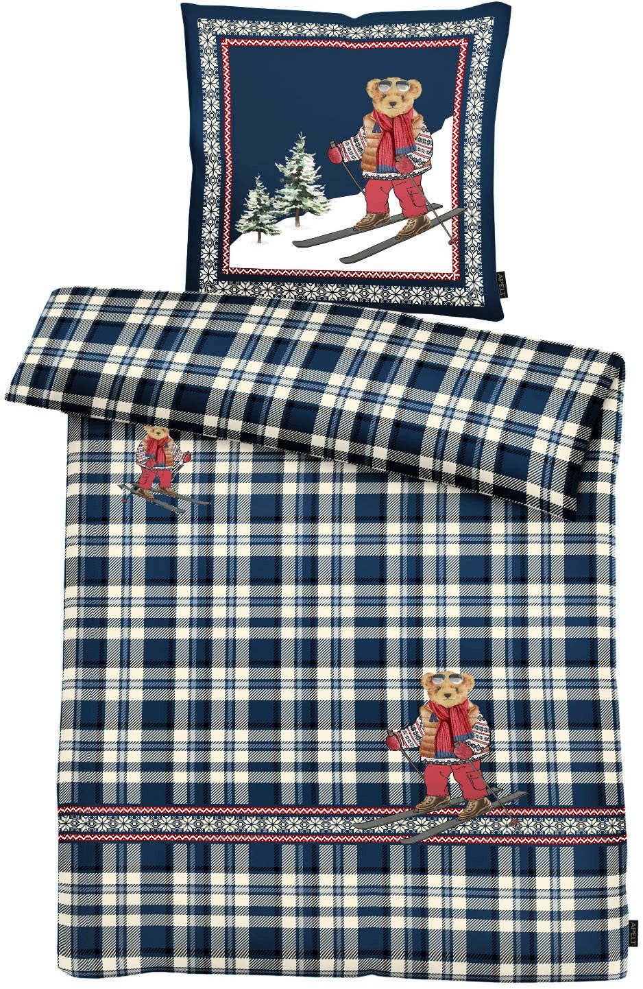 APELT Bettwäsche Mati GOTS, Satin (Bio-Baumwolle), 2 teilig, Karomuster mit Norwegerbordüre und Bär auf Skiern