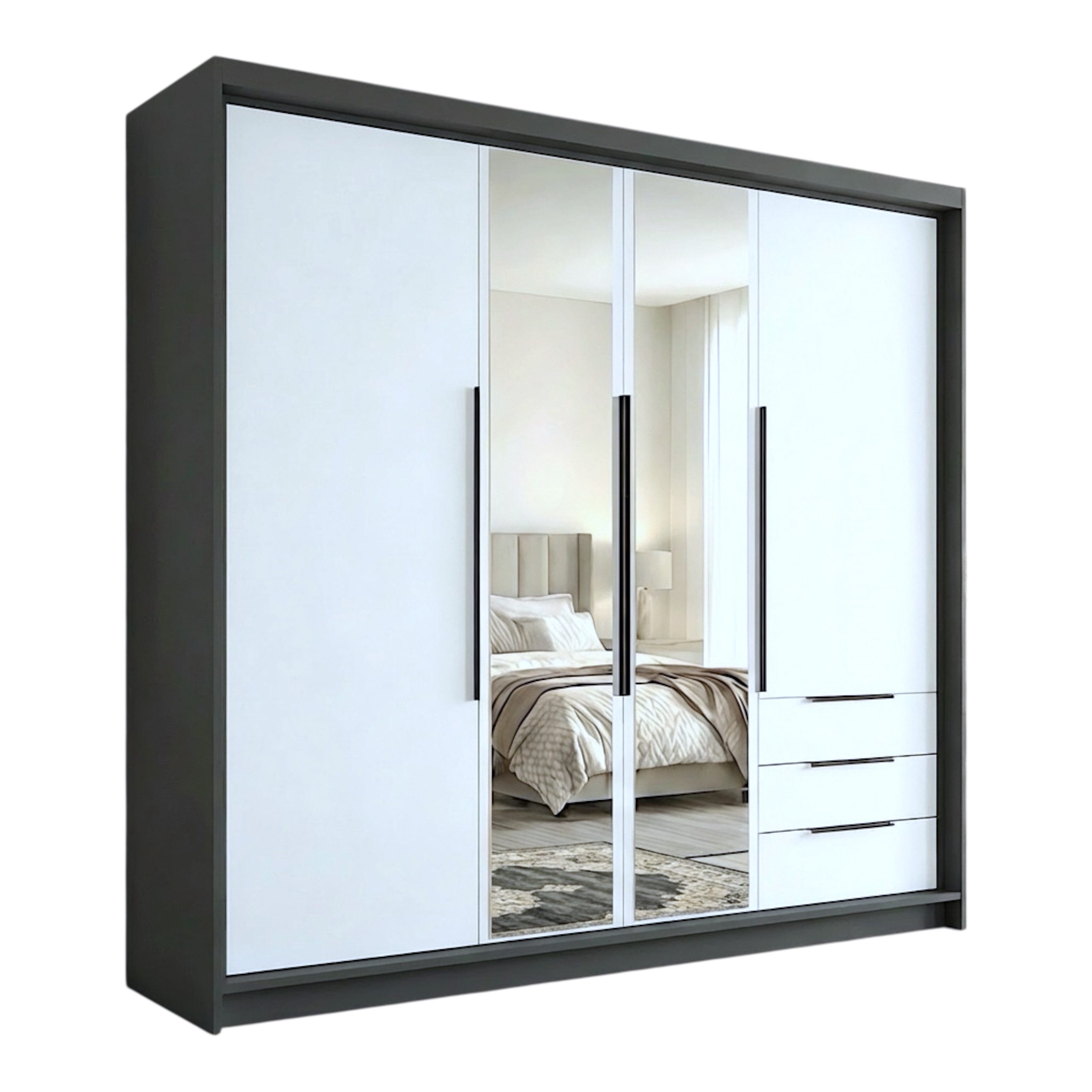 A&J MöbelLand GmbH Drehtürenschrank viertüriger Kleiderschrank mit Schubladen und Metallgriffen. (Geräumiger vier¬türiger Kleiderschrank mit Schubladen und Metallgriffen. Geräumiger Schrank mit einer Breite von 200 cm und Schubladen, ideal zur Aufbewahrun