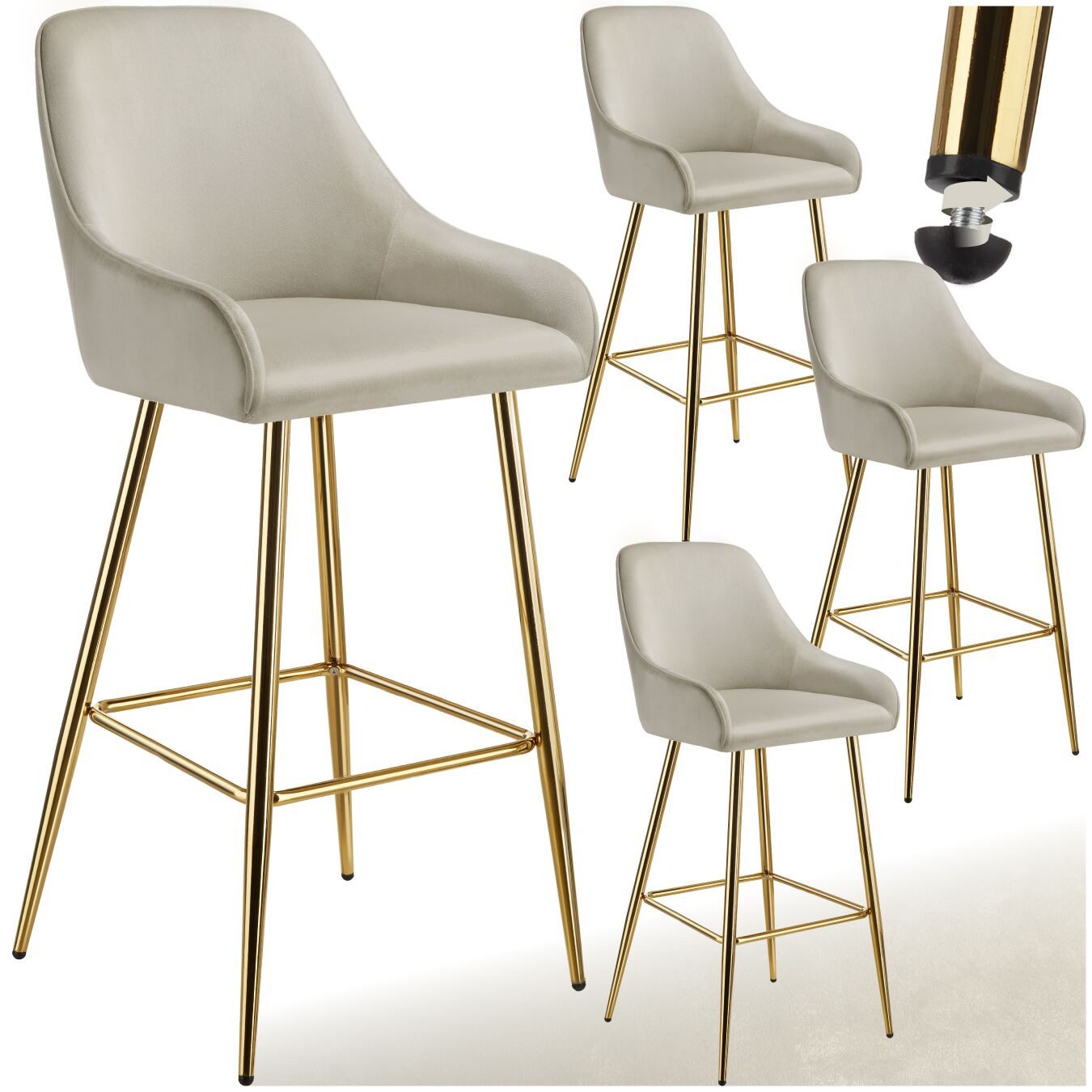 tectake Barhocker Barstuhl gepolstert, 48,5 x 57 x 108 cm, Belastbarkeit 120 kg (Tresenstuhl Avane, in Samtoptik creme/gold), mit Rückenlehne und Fußstütze, höhenverstellbare Kunststofffüße