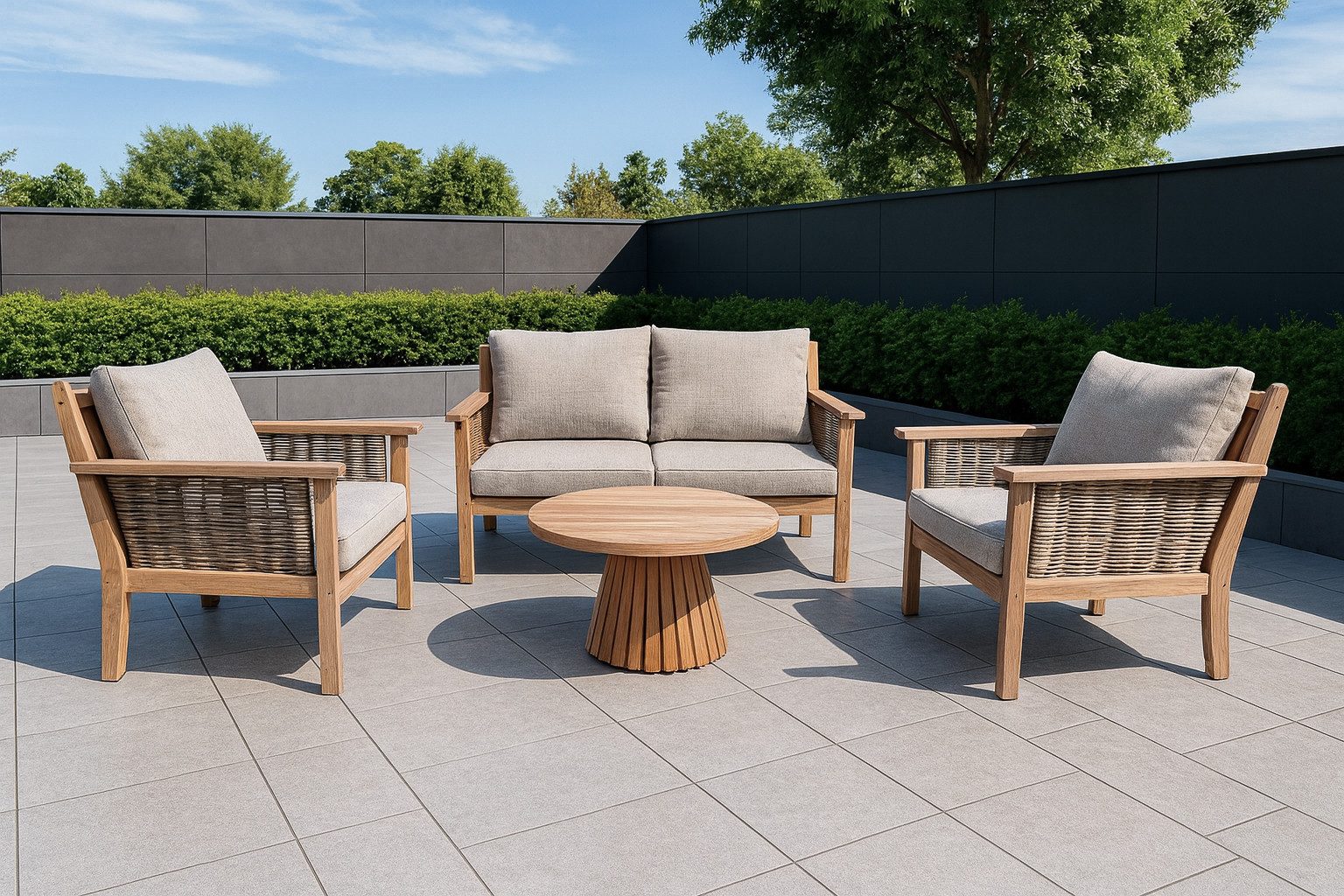 Livingfurn Gartenlounge-Set Malaga Teak Holz Bank, 2 x Sessel mit Armlehnen, Tisch, Bestehend aus 2 Sessel, einer Gartenbank einem Tisch und 8 Auflagen