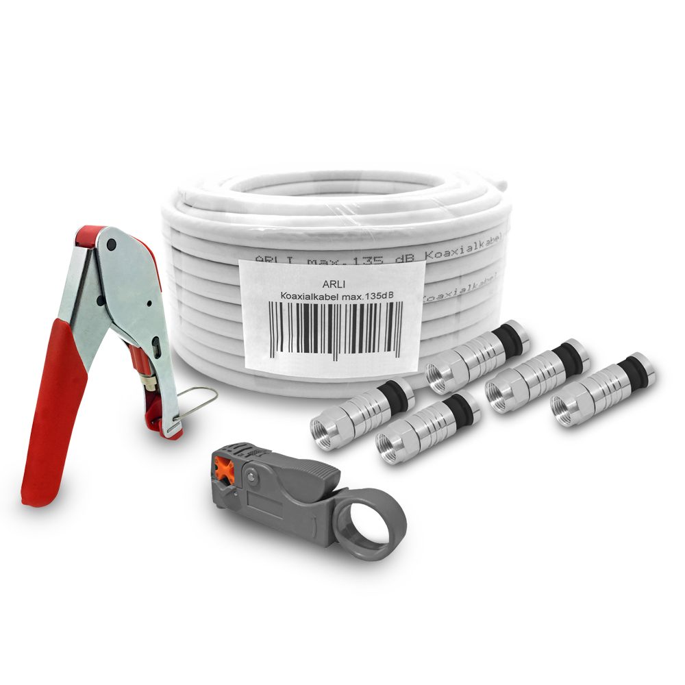 ARLI 50m Koaxialkabel + Kompressionszange klein+ Abisolierer + 10x Stecker Installationskabel, F Kompressionsstecker, Sat (5000 cm), HD Sat Kabel 5-fach geschirmt UV-Beständig