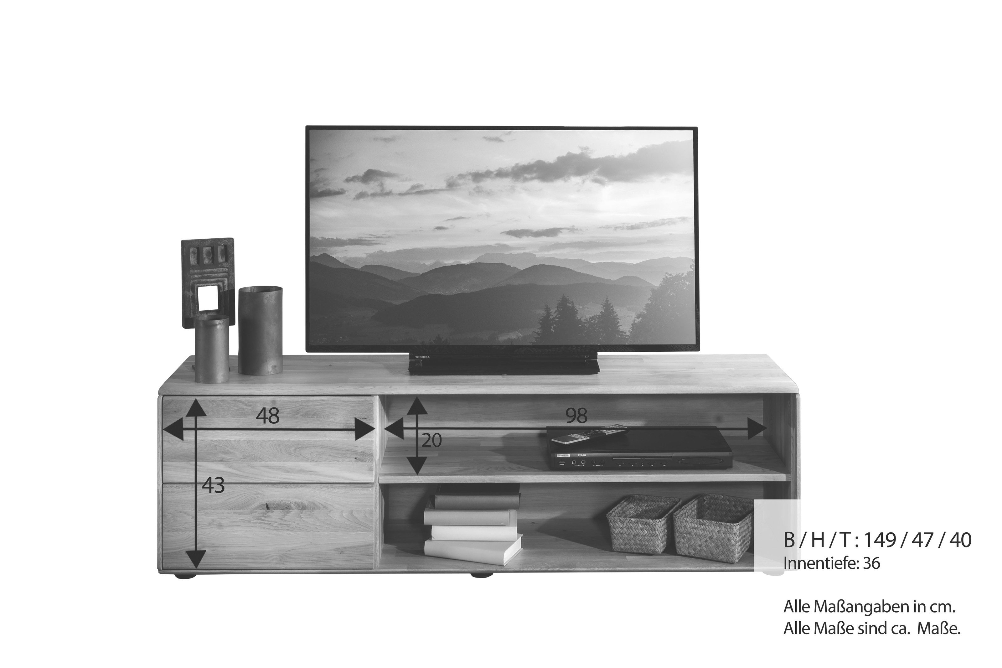 Lebenswert Lowboard KM-0662, 1 Tür, 2 Fächer, 1 Boden, Kernbuche massiv geölt - 149x47x40cm (BxHxT)