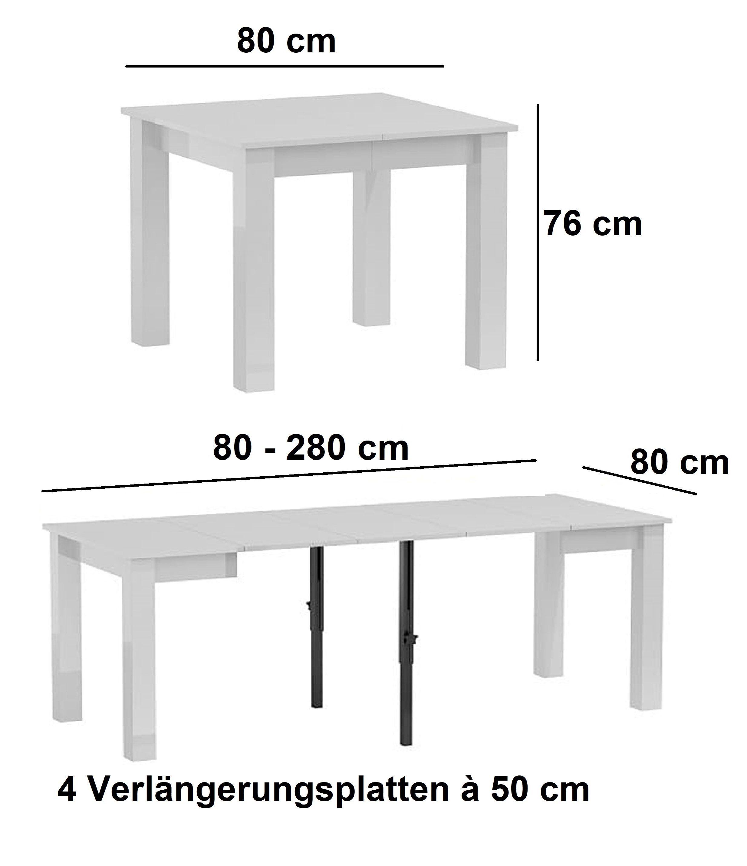 designimpex Esstisch Design Esstisch DA-444 Esszimmer Hochglanz 280 Weiß 80 cm Tisch bis ausziehbar