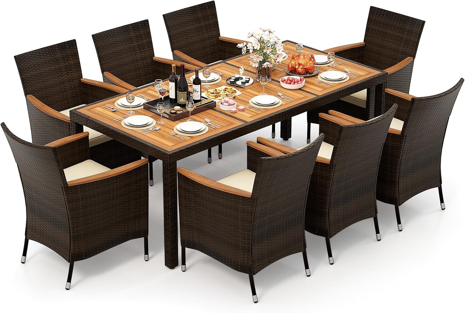 COSTWAY Garten-Essgruppe, 9-tlg, Rattan, Akazienholz, für 8 Personen, mit Kissen