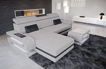 Sofa Dreams Ecksofa Stoff Couch Stoffsofa Bologna L Form Polstersofa, Webstoff Strukturstoff, mit LED, Ottomane, ausziehbare Bettfuntion, Designersofa