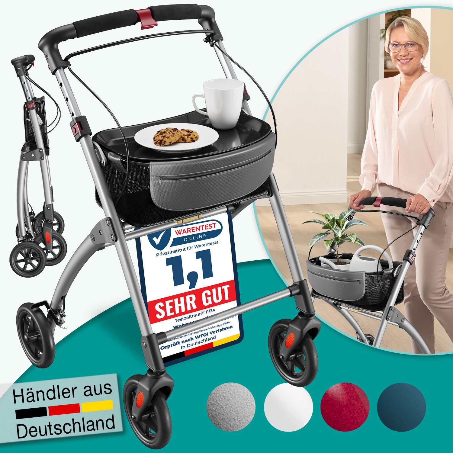 aktivshop Indoor-Rollator Wohnungsrollator leicht & faltbar, Hilfsmittel für Senioren, Gehhilfe, Einhand-Falt-mechanismus, geringes Faltmaß, maximale Sichtbarkeit