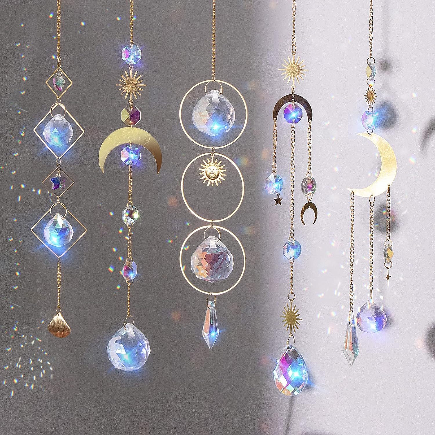 FOUORTUNATE-BEE Windspiel 5er Set Kristall Sonnenfänger mit Regenbogen-Effekt für Fenster (5 St), Kristall Windspiel Anhänger für Garten, Hochzeit und Weihnachten
