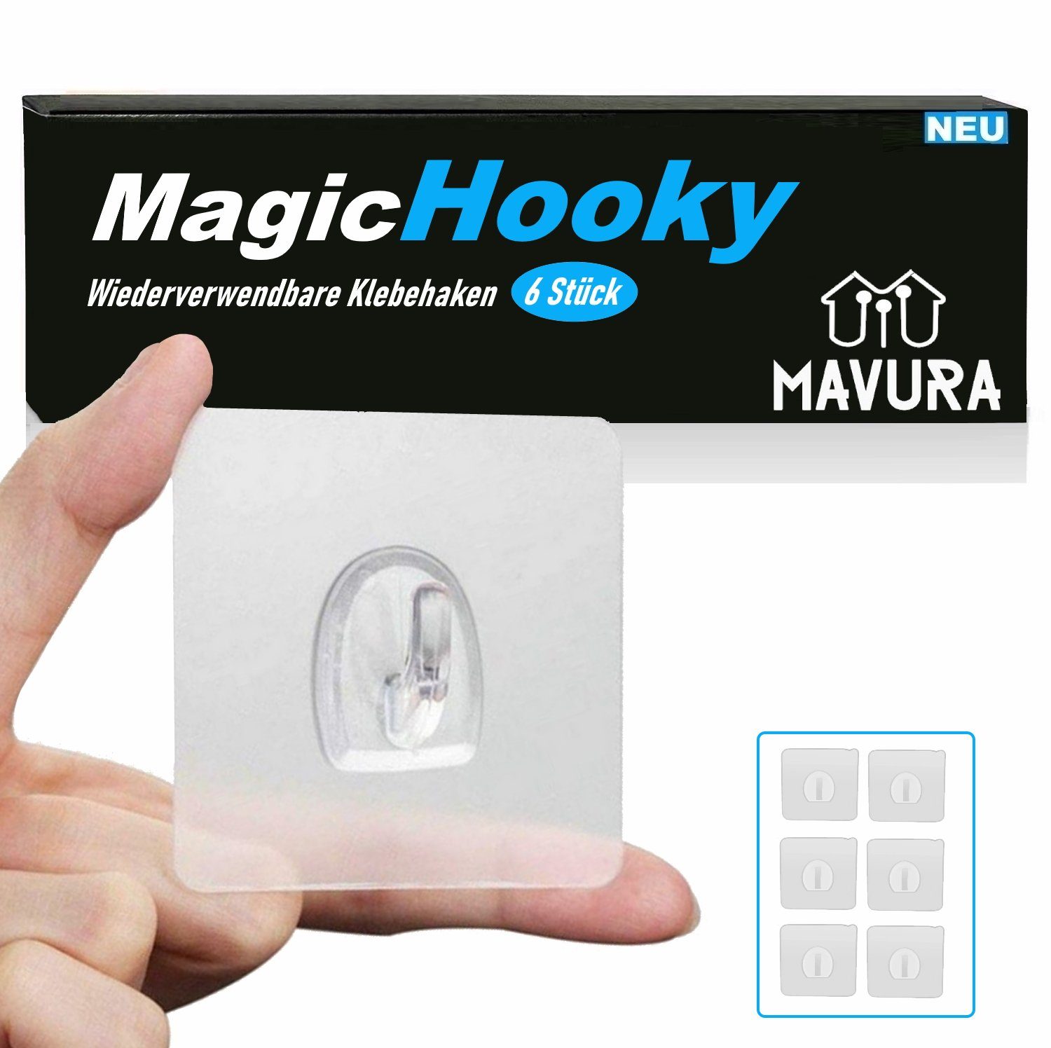 MAVURA Klebehaken MagicHooky Magische Selbstklebende Haken Klebehaken, (Wunderhaken selbstklebend wiederverwendbar), Handtuchhaken Handtuch Halter Transparent ohne Bohren [6er]