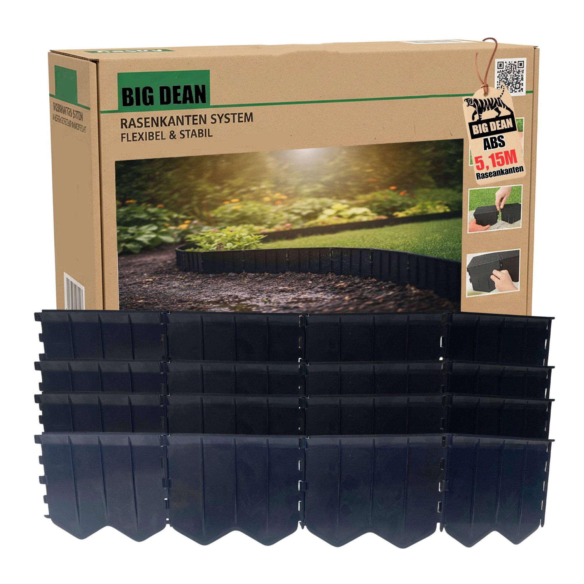 BigDean Rasenkante Flexible Beeteinfassung im Set – Modulare Rasenkante in Toller-Optik, LxH: 15x12 cm, Stück, Rasenkante, Integrierte Scharnierösen, Flexibel biegbar, UV-beständig