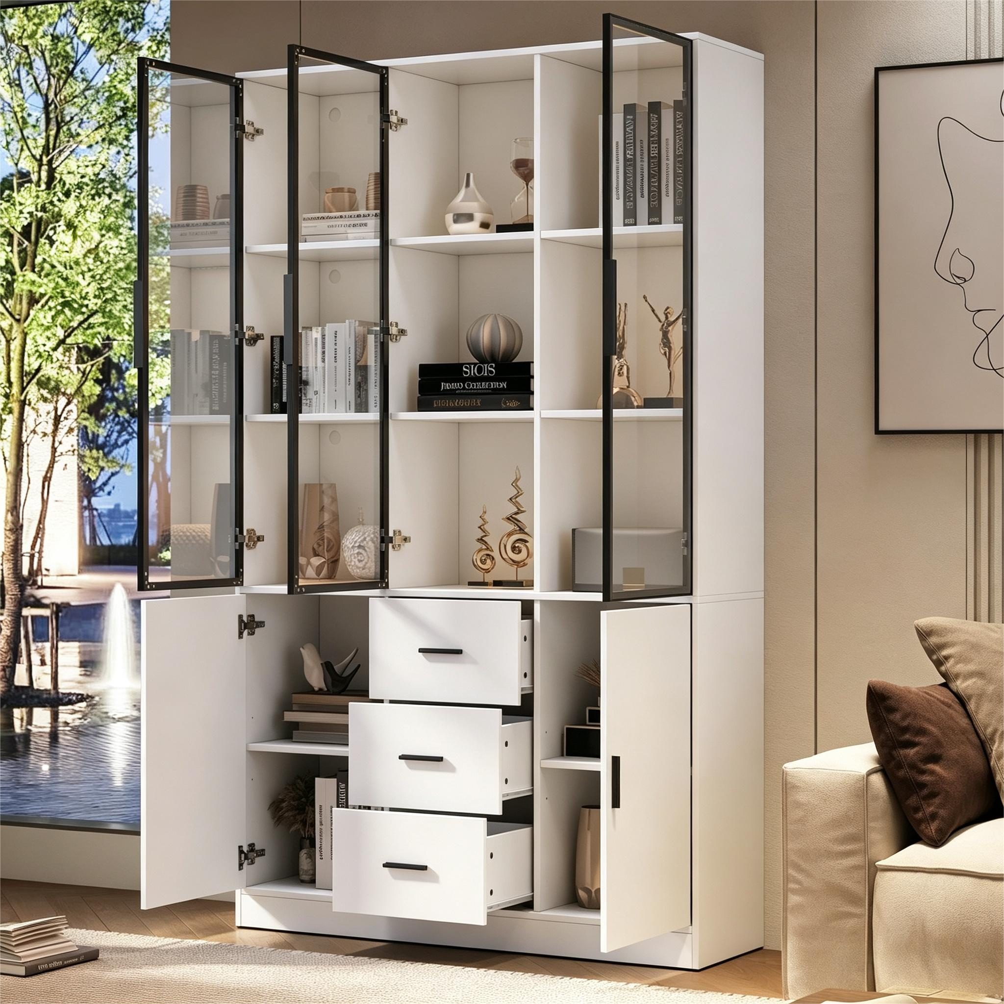 Fine Life Pro Standvitrine Vitrine mit Glas-Tür, LED-Licht, 3 Schubladen + Türen, weiß. 120x30x200 cm, viel Stauraum, ideal für Wohnzimmer. – Bild 3 von 5