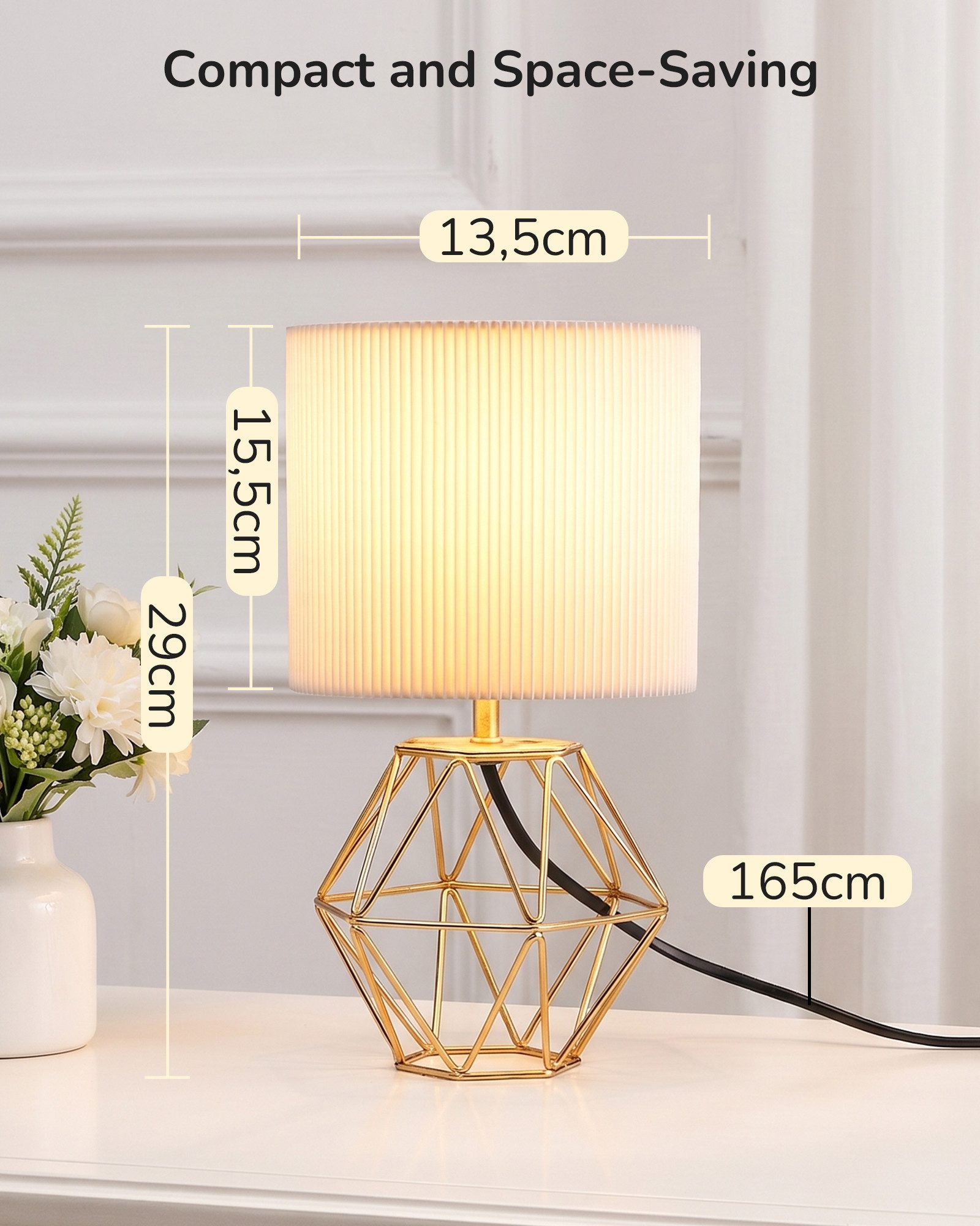 EDISHINE Nachttischlampe Moderne Tischlampe Industrial, LED wechselbar, 2700 K Warmweiß, Vintage Tischleuchte mit goldenem Fuß und E14 Leuchtmittel – Bild 5 von 5