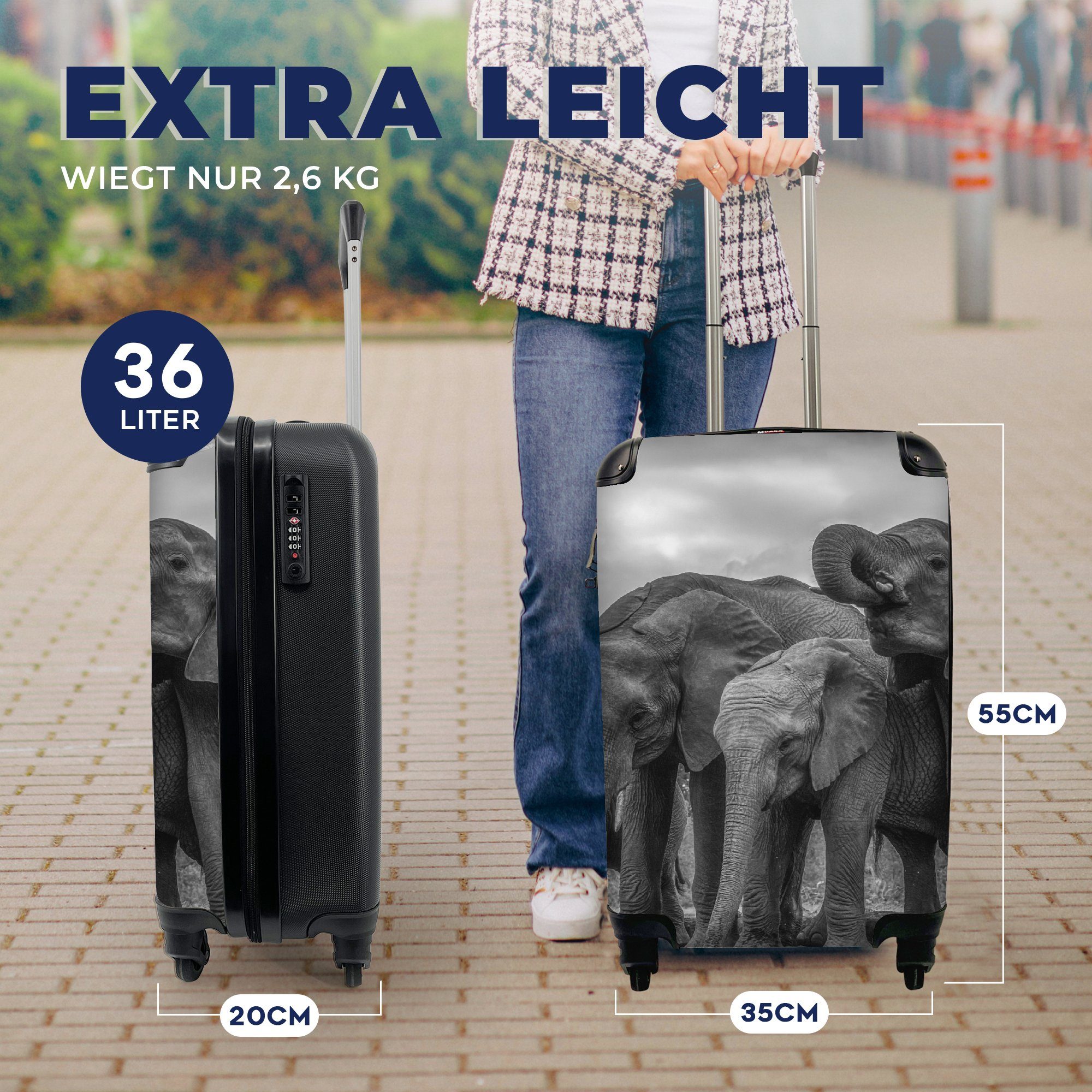 MuchoWow Handgepäckkoffer Reisetasche - 4 Elefant Trolley, Tiere Reisekoffer für Ferien, rollen, Handgepäck - mit Schwarz weiß, - Rollen, Wasser und