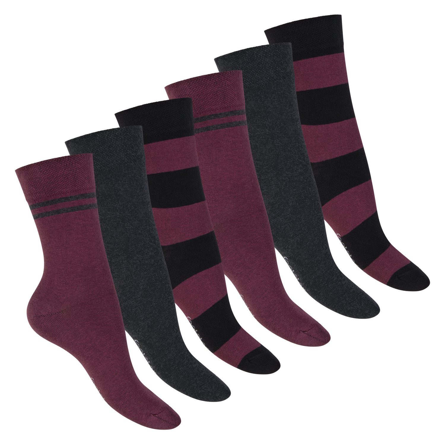 Footstar Basicsocken Damen Ringel Socken (6 Paar) Bordeaux