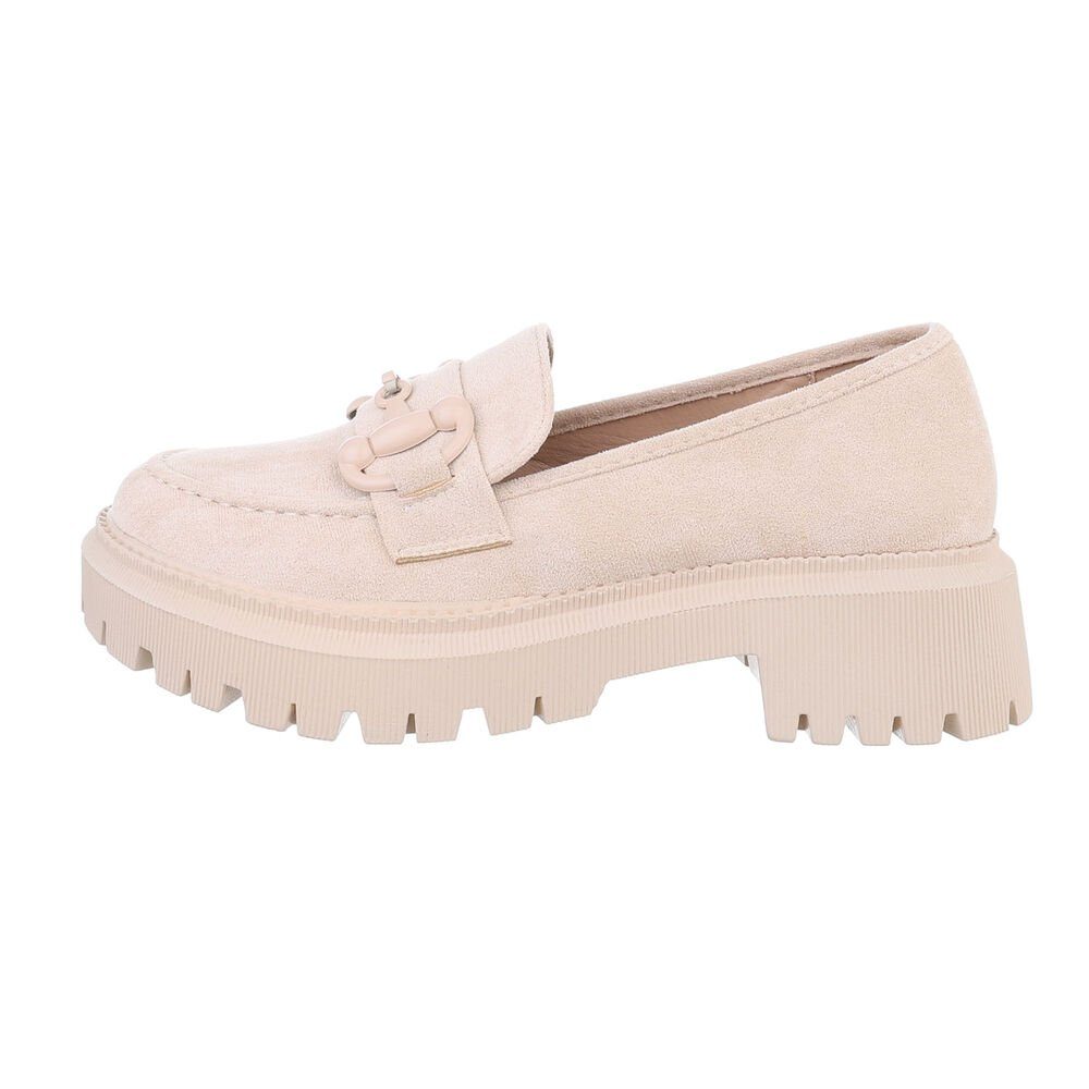 Ital-Design Damen Mokassins Freizeit Slipper Blockabsatz Mokassins in Beige