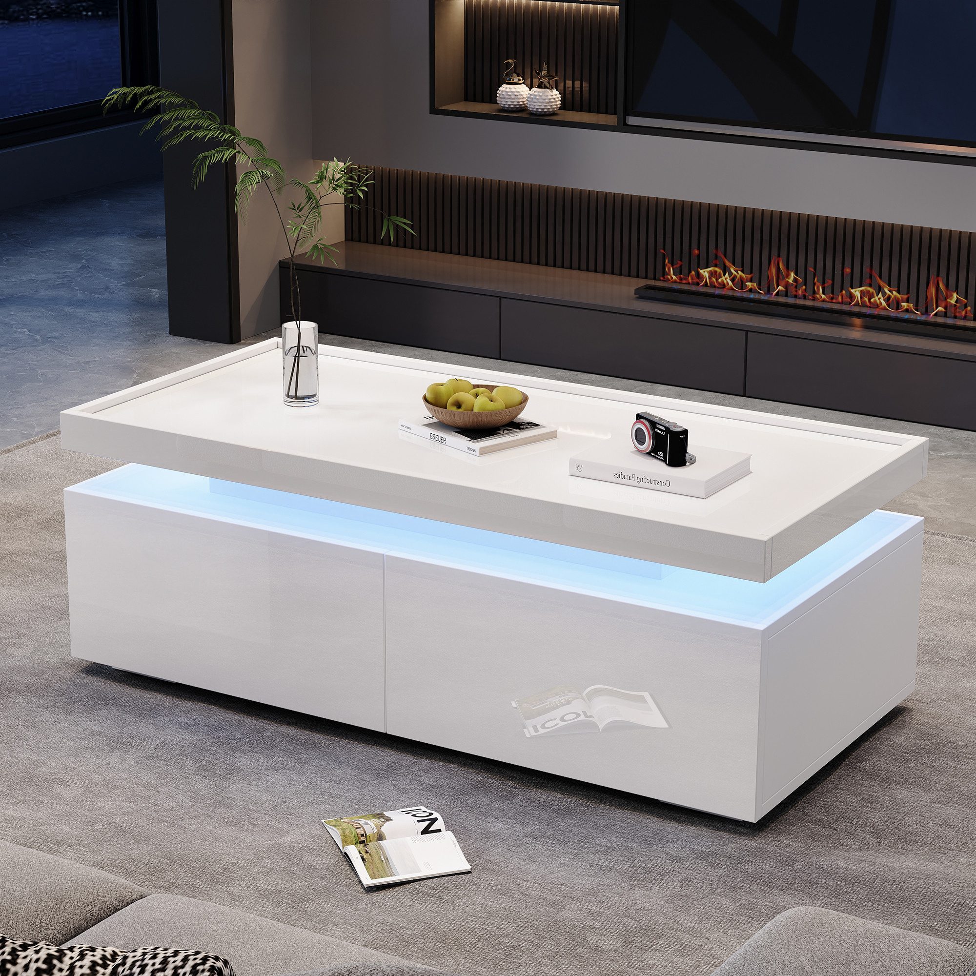Merax Couchtisch Couchtisch hochglanz Sofatisch Beistelltisch mit LED-Beleuchtung (1-St., 1 Tisch), Wohnzimmertisch mit 2 Schubladen & Ablage, inkl. App, 95x45x – Bild 3 von 5