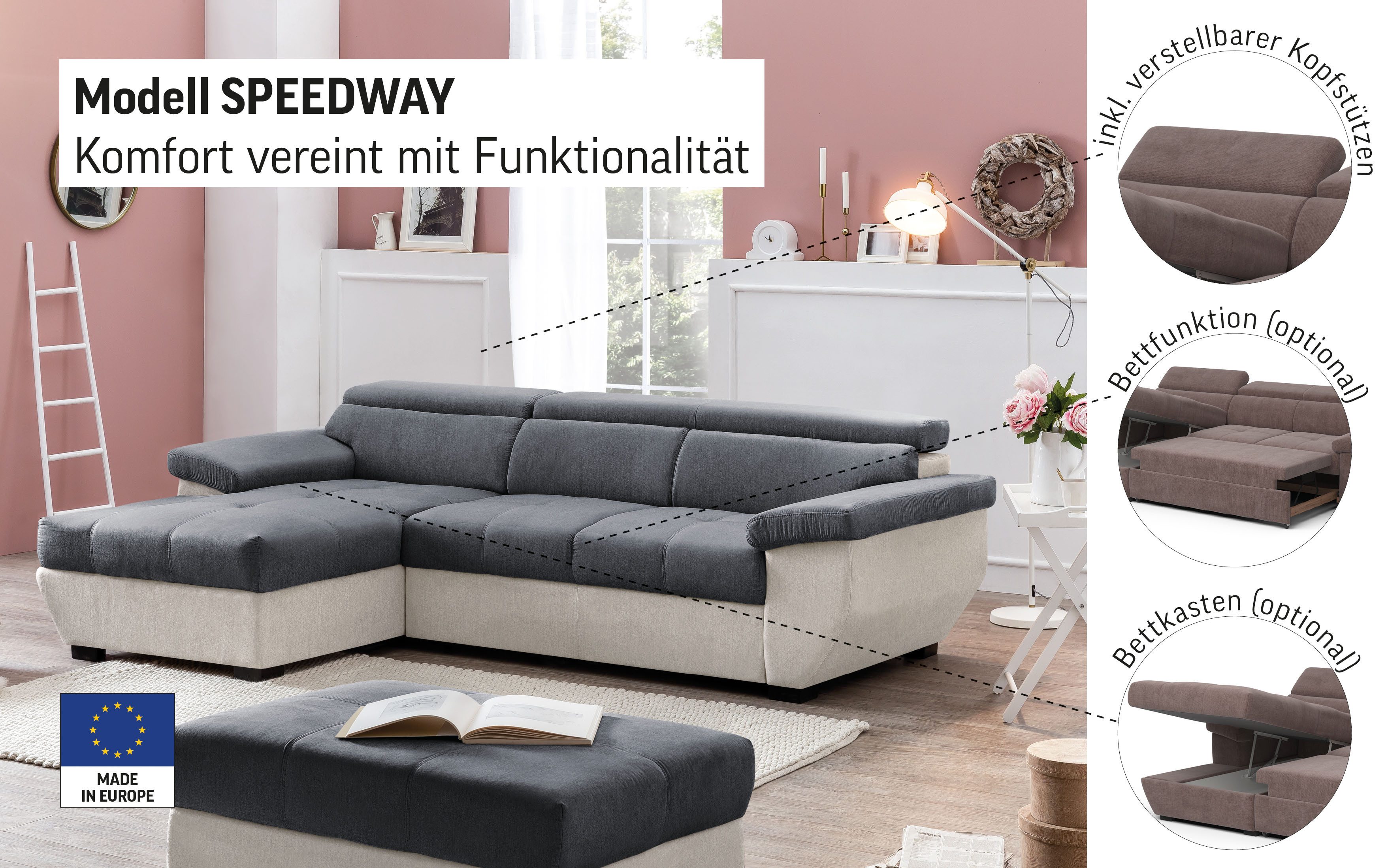 COTTA Ecksofa Speedway L-Form, mit Kopfteilverstellung, günstig online kaufen