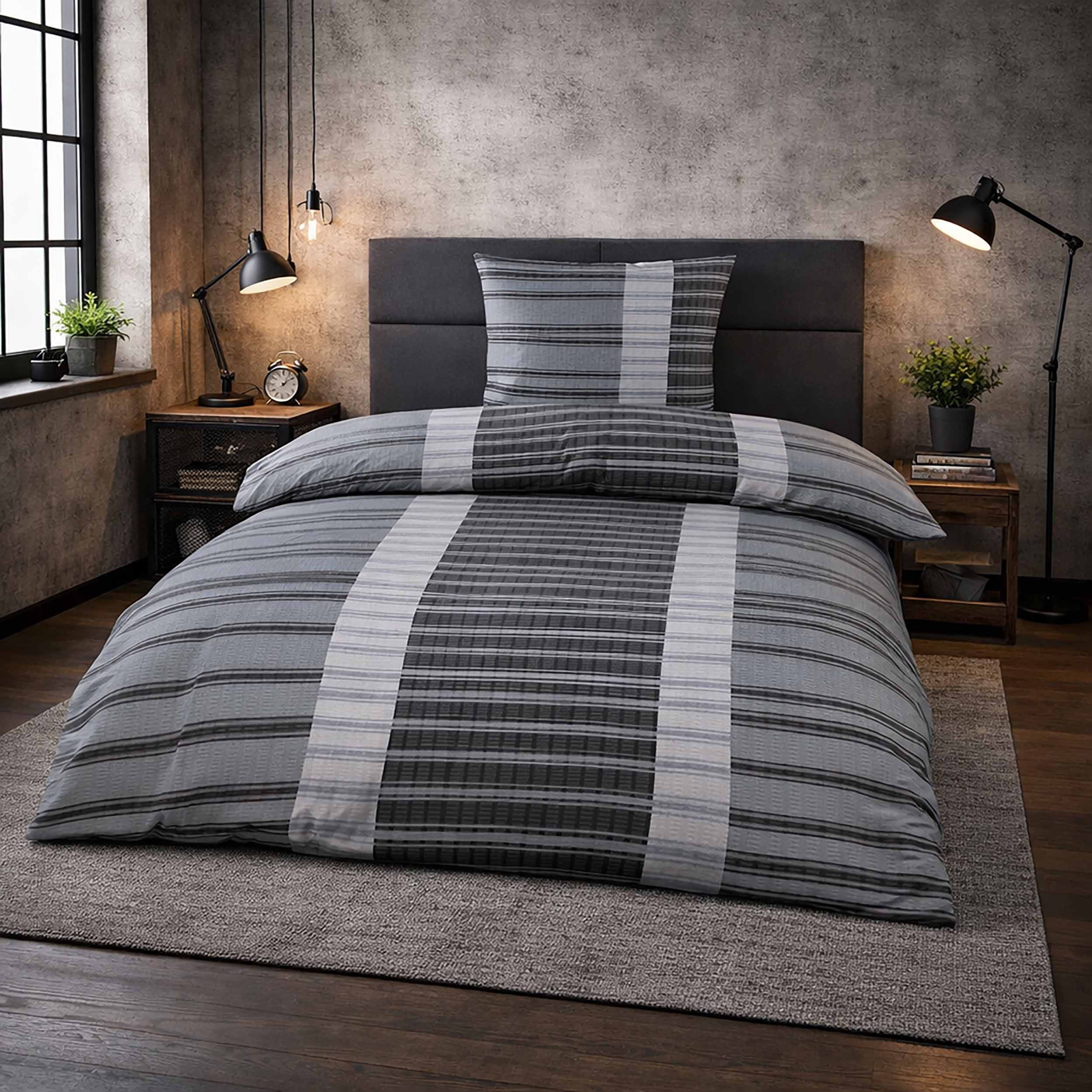 Casa Colori Bettwäsche Seersucker Garnitur 135x200 Reißverschluss Anthrazit Grau Gestreift, Seersucker, 4 teilig, leichte Bettgarnitur perfekt für den Sommer – Bild 3 von 5