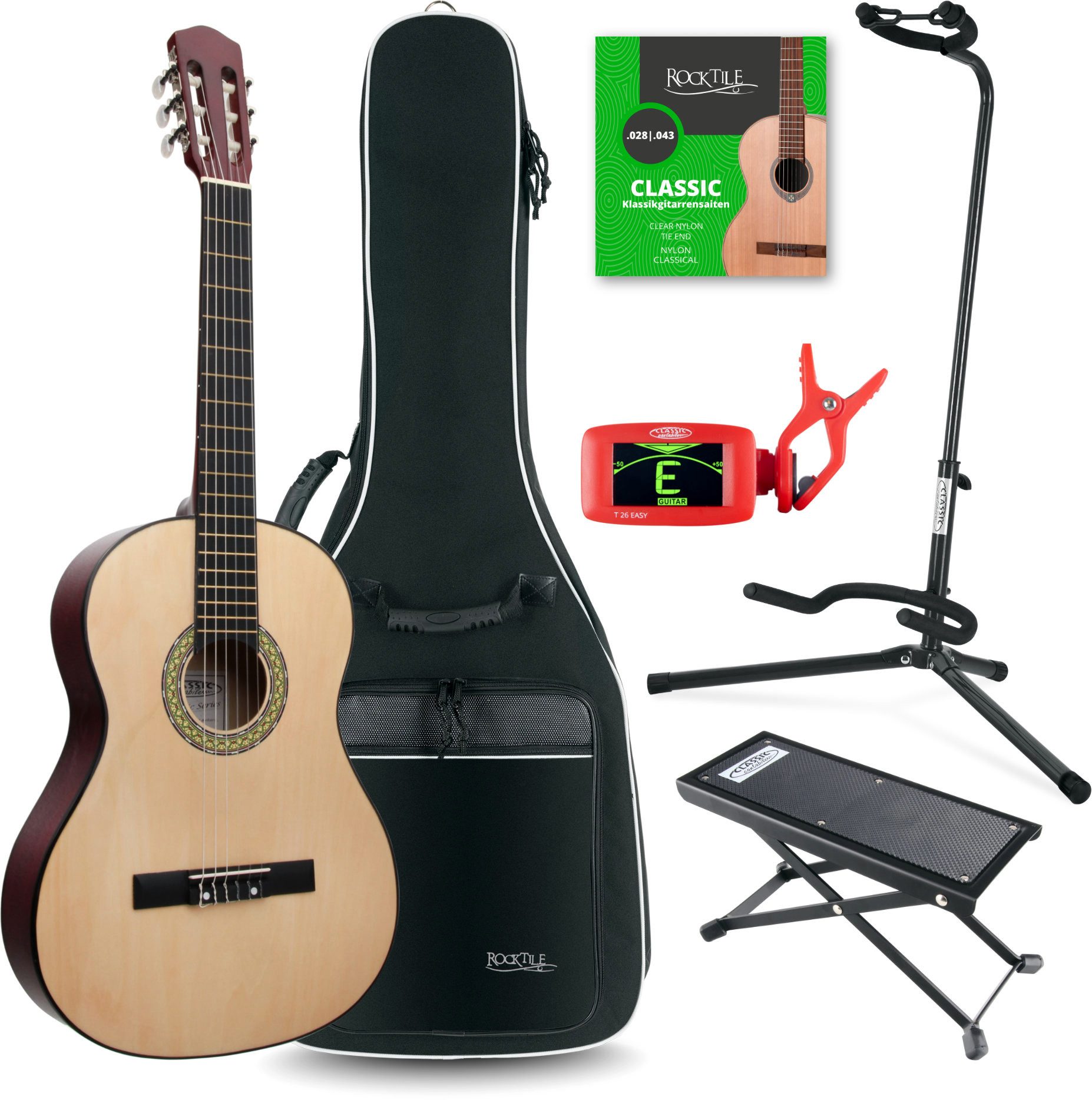 Classic Cantabile Konzertgitarre Klassik Gitarre - Komplettes Anfänger-Kit mit Ständer und Gigbag, 4/4, inkl. Fußbank, Stimmgerät und ein Satz Saiten