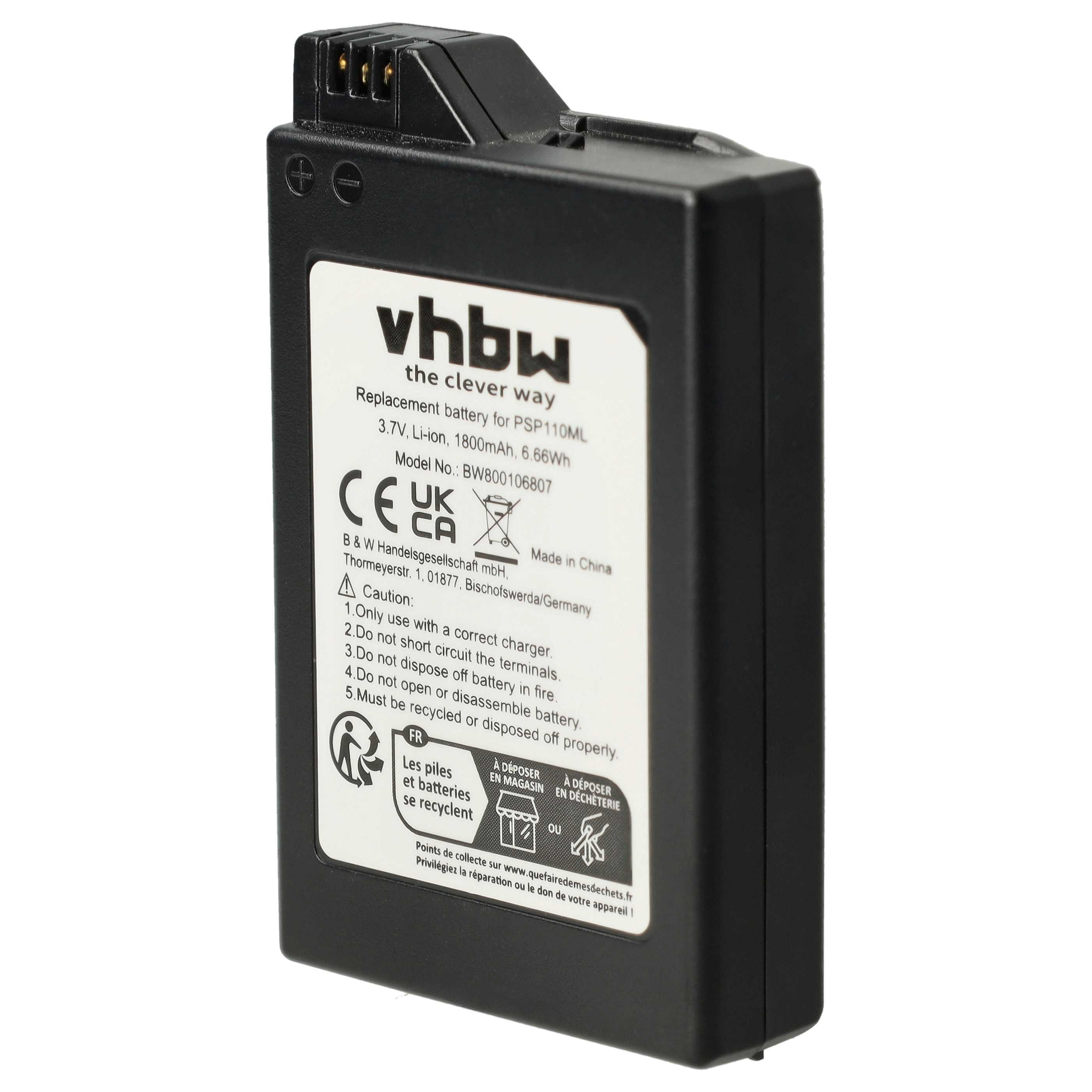 vhbw Akku passend für Sony Playstation Portable PSP-1000K, PSP-1000KCW, Akku Akku Li-Ion 1800 mAh (3,7 V, 1 St), Leistungsfähiger Austausch-Akku für Spielkonsole, Wiederaufladbar