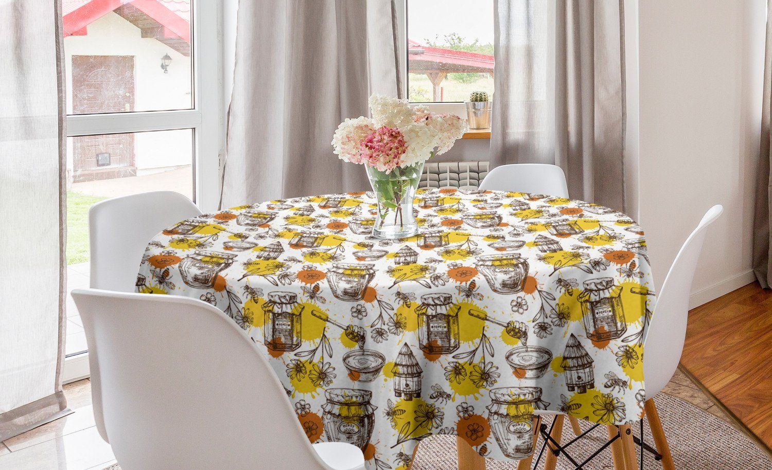 Abakuhaus Tischdecke Kreis Tischdecke Abdeckung für Esszimmer Küche Dekoration, Skizzieren Honig-Gläser Drops und Bienen