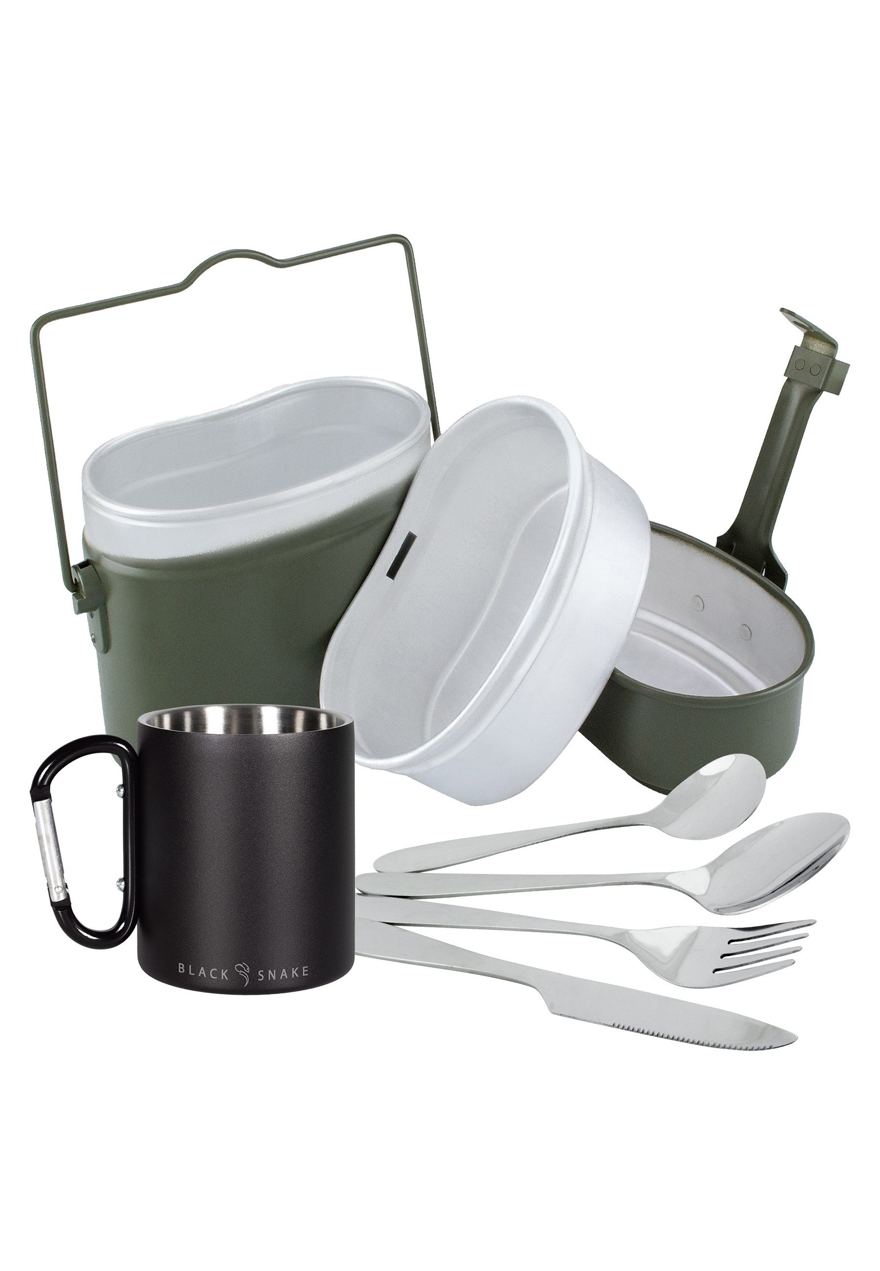 Black Snake Geschirr-Set Camping Kochgeschirr Set mit Thermobecher & Lunch-Besteck (3-tlg), 1 Personen, Aluminum und Edelstahl, Kochgeschirr mit Thermobecher und Lunch-Besteck im Neopren-Etui