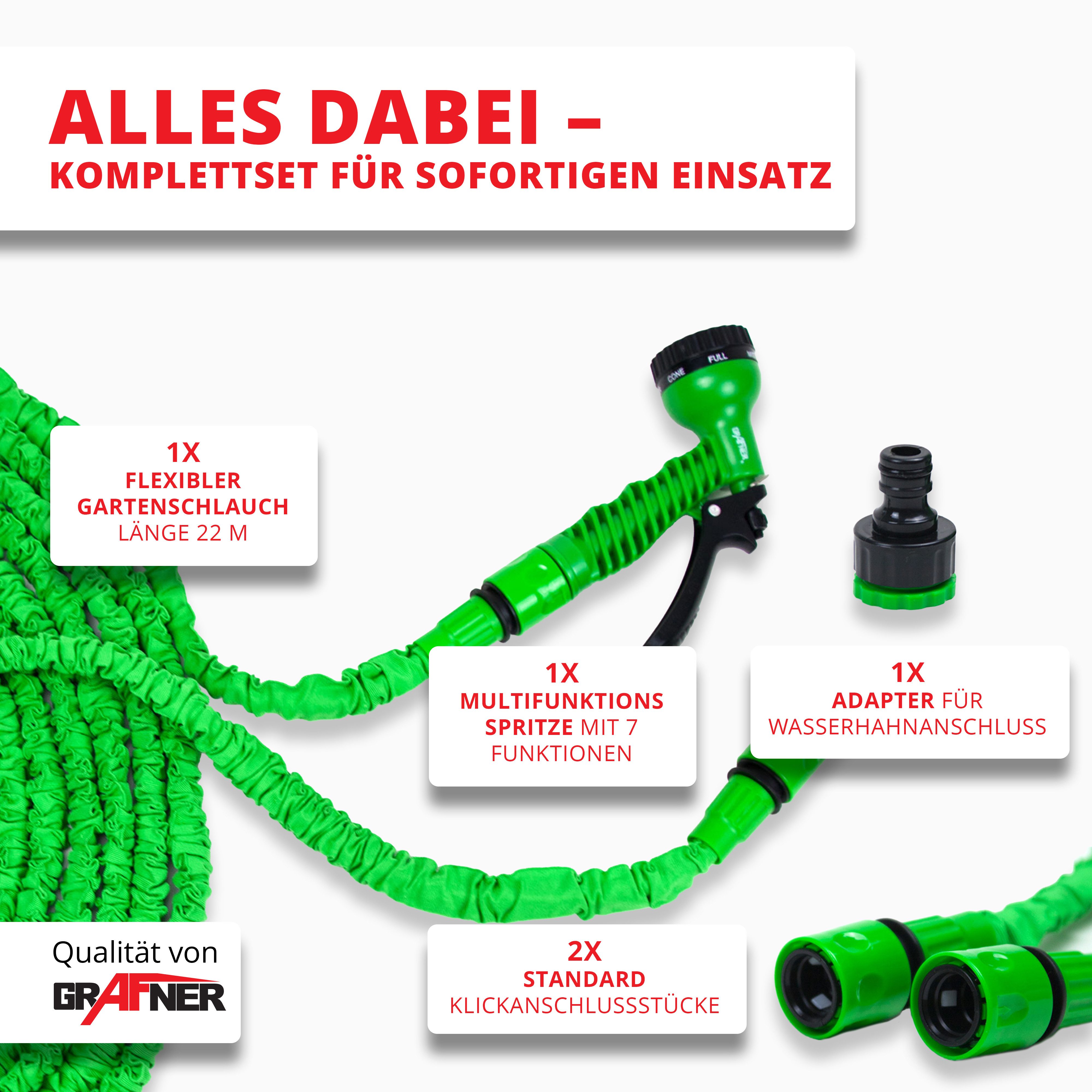 Grafner Gartenschlauch Gartenschlauch flexibel dehnbar 7,5m-45m inkl. 7 Funktionen Brause, dehnbar, (Stk, 1), Knickt während des Gebrauchs nicht ab, Kein verknoten, verdrehen