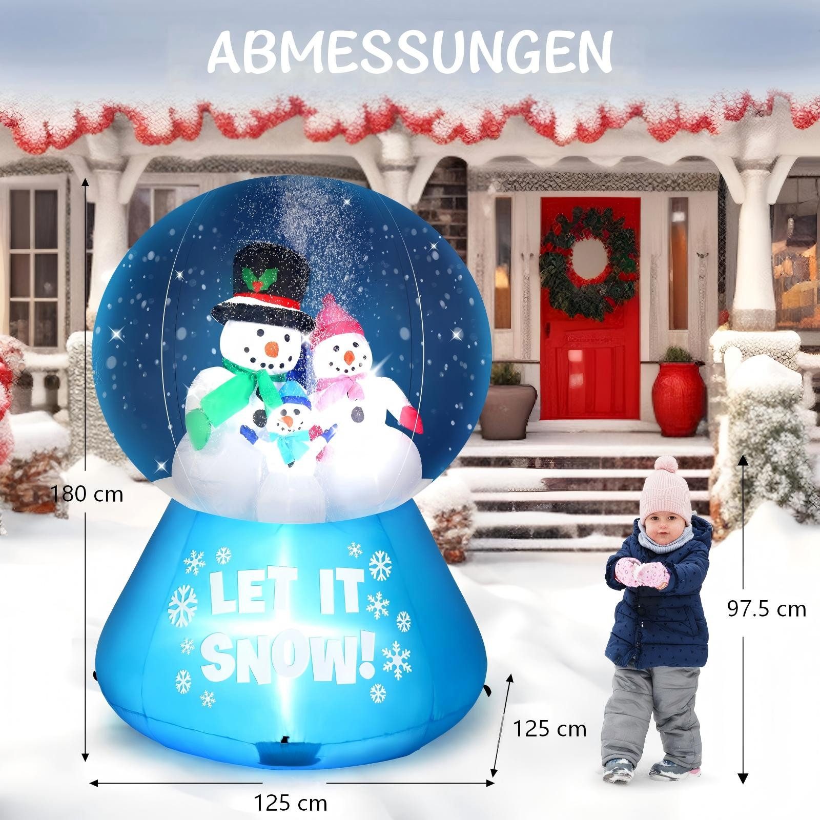 VINGLI Weihnachtsfigur Wetterfest, Weihnachtsdeko Aufblasbar für Innen & Außen, 180 cm Aufblasbarer Schneemann im Kristallball, Schnee-Effekt, 4 LEDs – Bild 2 von 5