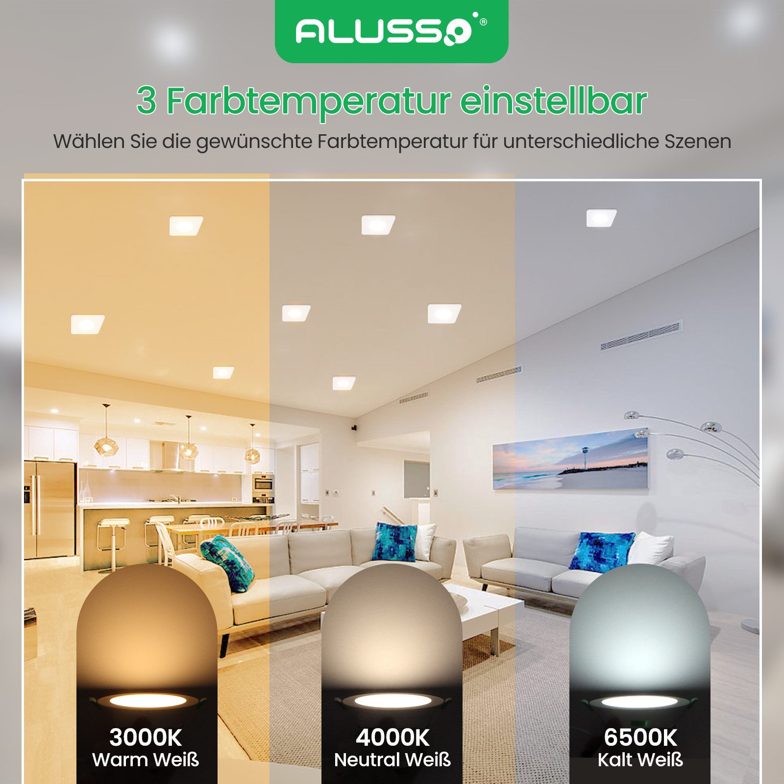 ALUSSO LED Einbaustrahler 6er-Set, Decken Leuchte, Flach Strahler für Bad, Wohnzimmer, 230V, 4W, 55-68mm, Quadrat, Weiß
