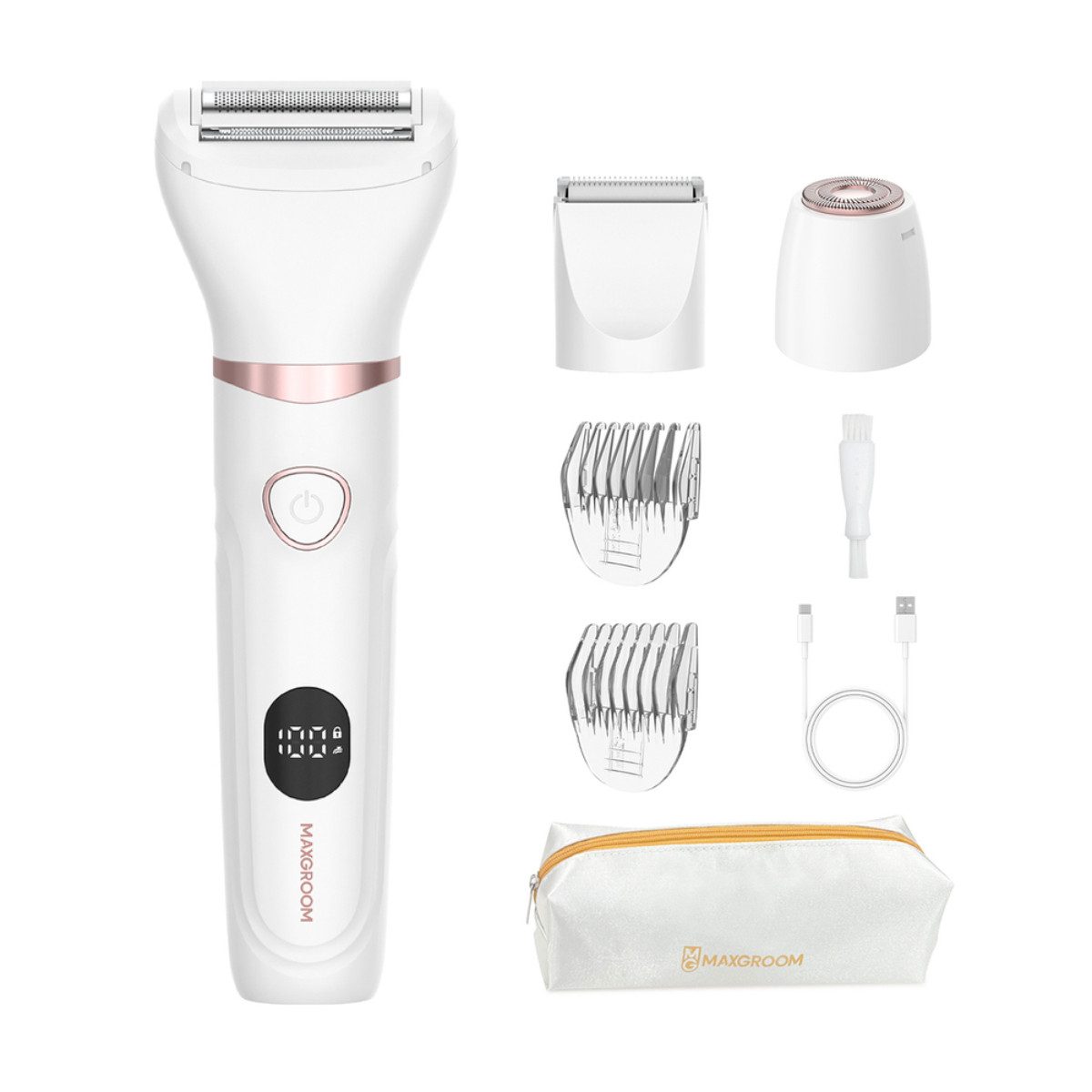 MAXGROOM Körper- und Bikinitrimmer JK-105, 3-in-1-Damentrimmer-Set für Körper, Gesicht und Bikinizone, 3-in-1-System mit IPX6-Schutz und LED-Display