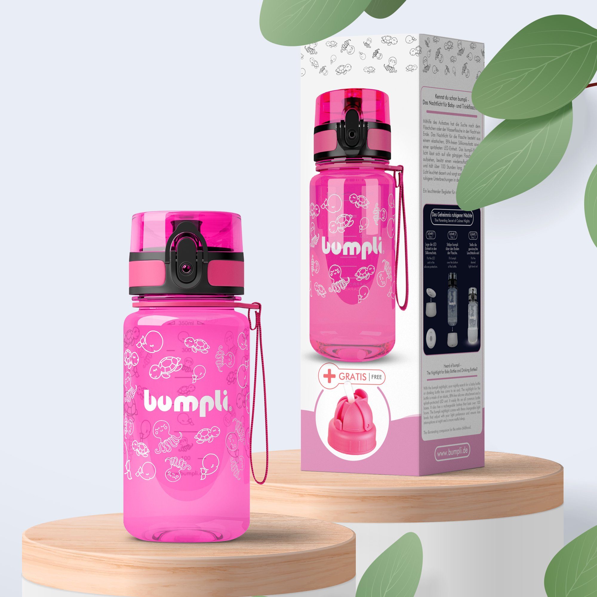 bumpli® Kinder Fruchtsieb Trinkflasche spülmaschinenfest, +Strohhalmdeckel, Trageschlaufe, 350ml Pink Trinkflasche auslaufsicher, Wasserflasche, BPA-frei,