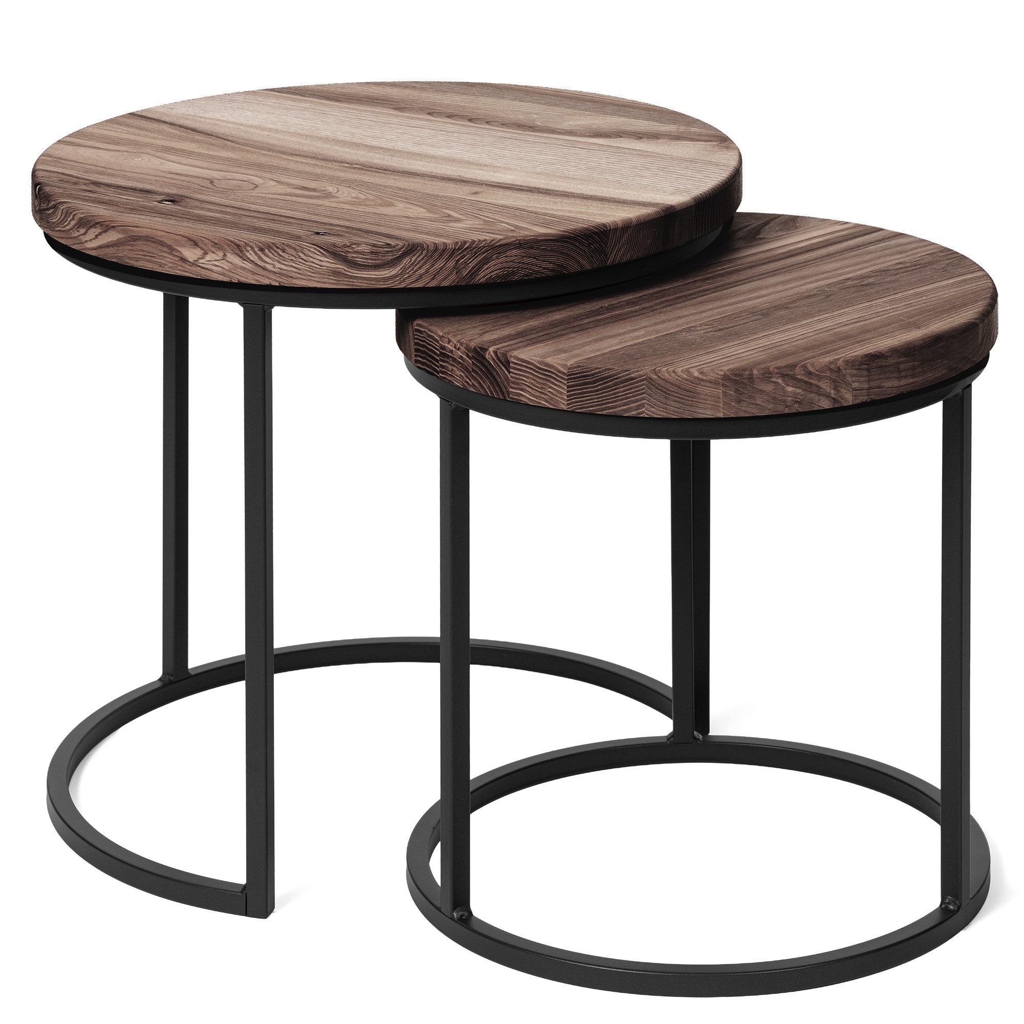 LAMO Manufaktur Beistelltisch Couchtisch rund 2er Set - Beistelltisch Holz -Wohnzimmertisch rund (2 Tisch), Sofatisch Holztisch für Wohnzimmer, Farbe: Ebenholz, Beine: Antrazit