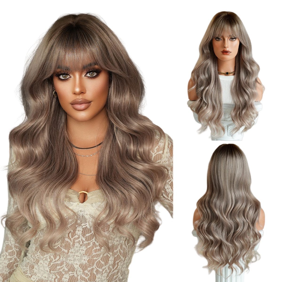 VEKROBOT Toupet Modische Kunsthaarperücke, braun-gold meliert, langes Wellenhaar, Pony, Voluminöse Wellen perfekte Gesichtsformung eine schlankere Silhouette