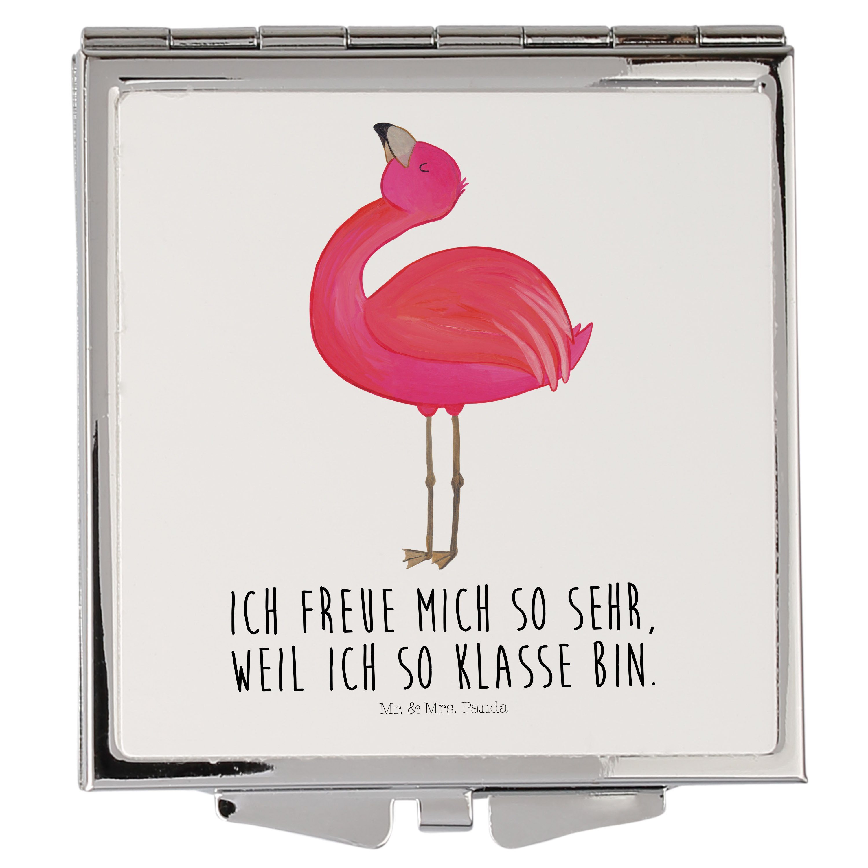 Mr. & Mrs. Panda Kosmetikspiegel Flamingo stolz - Weiß - Geschenk, Selbstliebe, Schwester, Handtasche, (1-St)