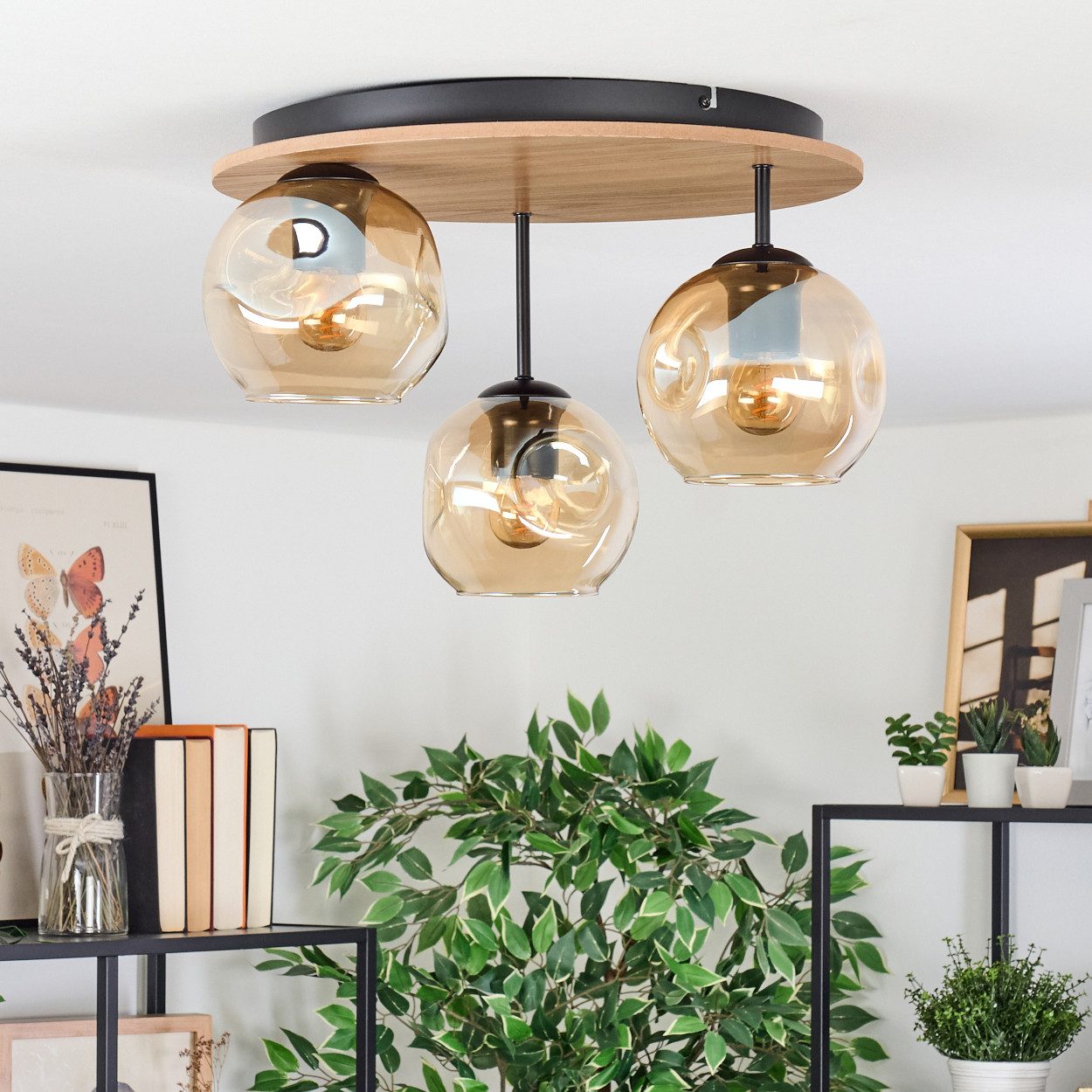 hofstein Deckenleuchte Deckenlampe aus Metall/Holz/Glas in günstig online kaufen