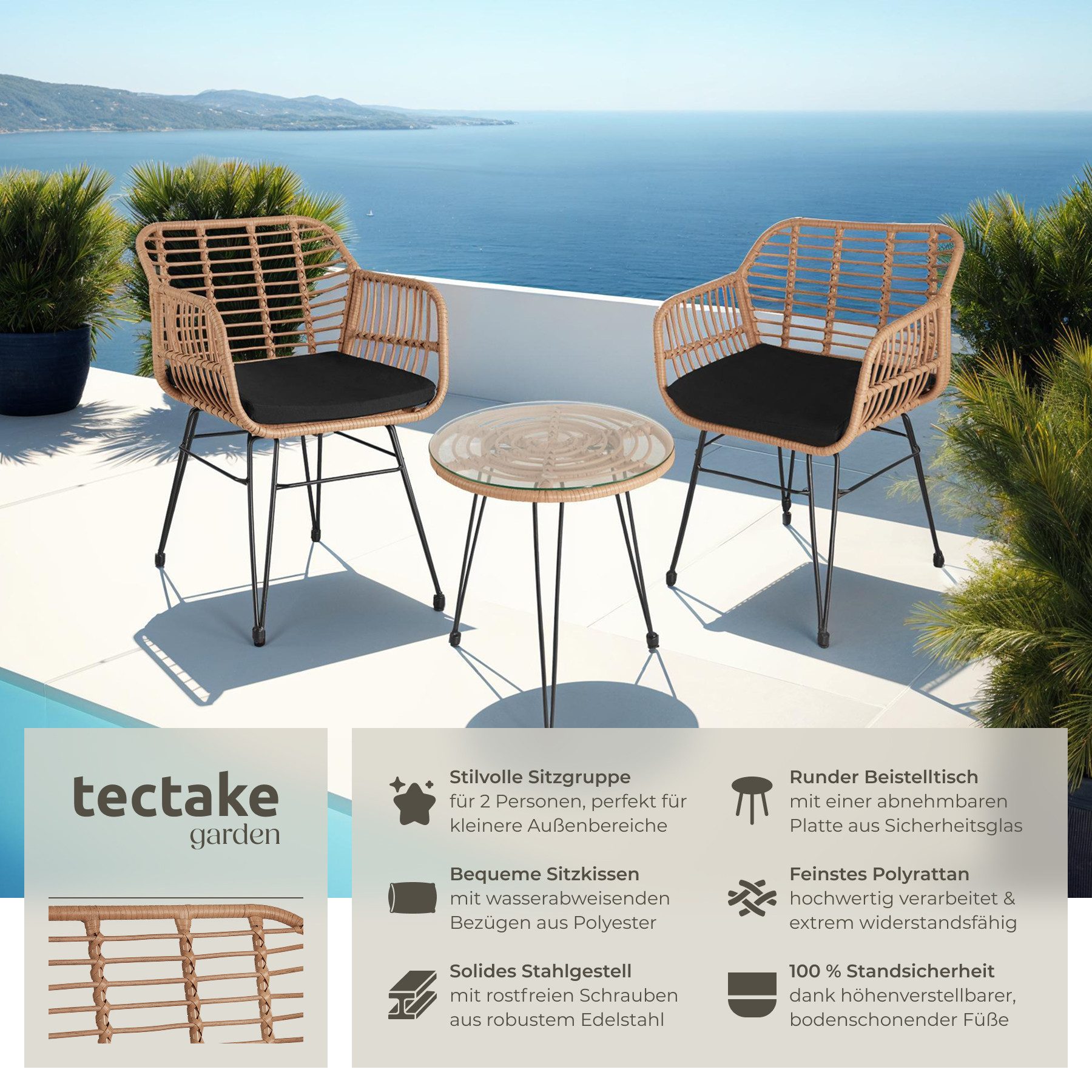 tectake Sitzgruppe Rattan-Gartenlounge für 2 Personen, filigranes Design, (Loungeset Molfetta, 3-tlg., für Außen in Naturfarben), widerstandsfähig, UV-beständig, mit Sicherheitsglasplatte