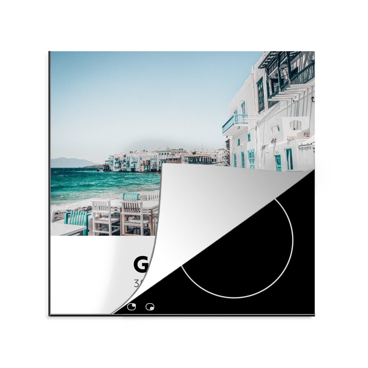 MuchoWow Herdblende-/Abdeckplatte Griechenland - Meer - Terrasse, Vinyl, (1 tlg), 78x78 cm, Ceranfeldabdeckung, Arbeitsplatte für küche