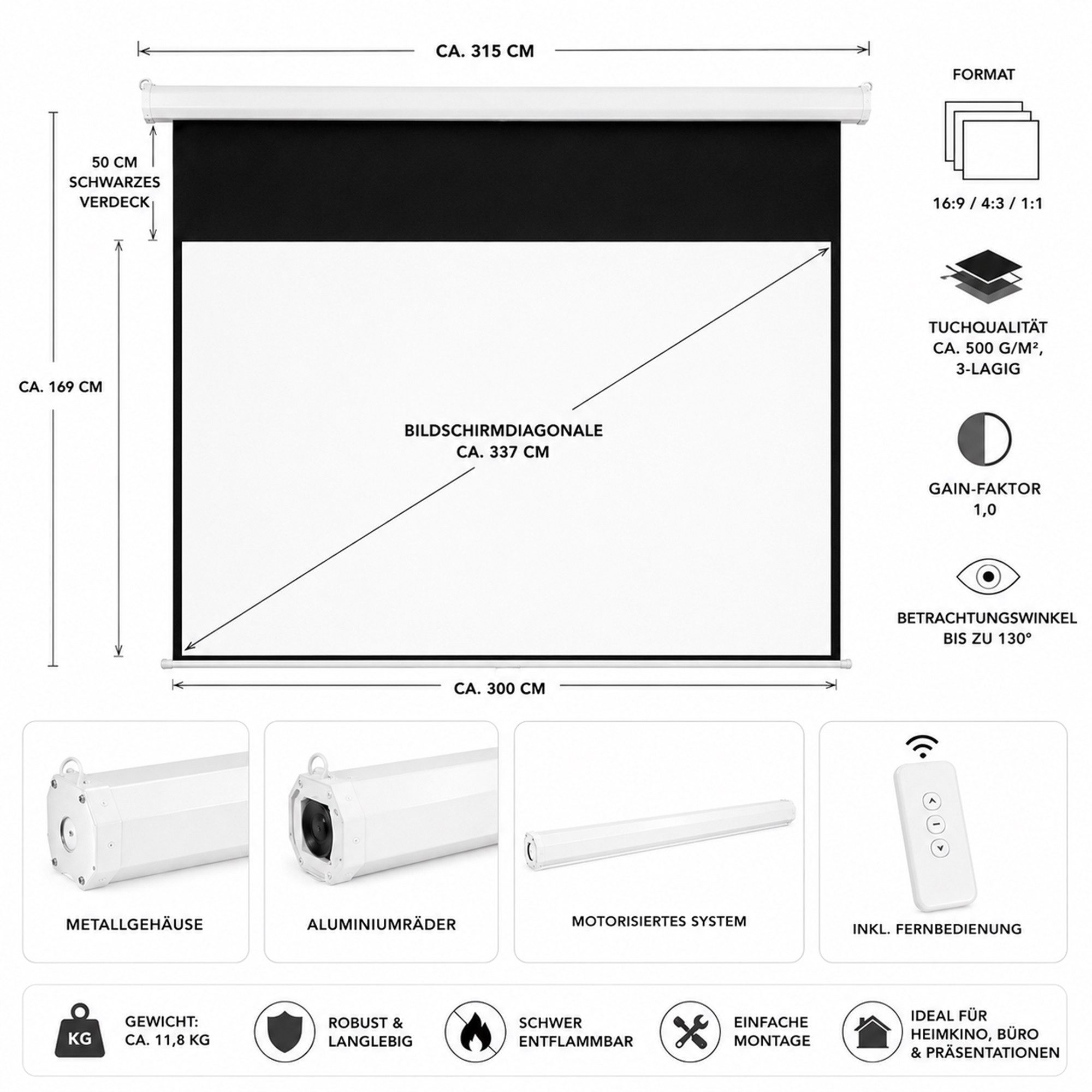 Mucola Beamerleinwand 300x169CM Motor Beamer Leinwand Projektionsleinwand Motorleinwand (Geeignet für HD-Qualität, 16:9, 4:3 und auch 1:1 Formate) – Bild 3 von 5