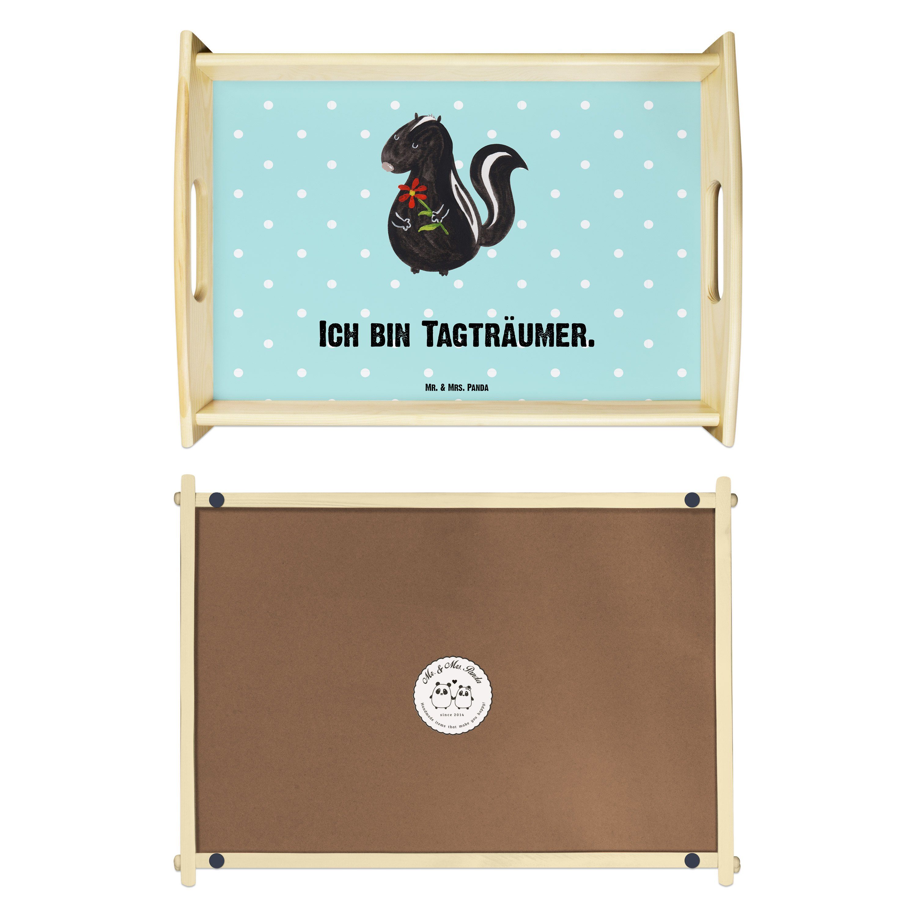 Mr. & Blume Mrs. - Tab, Tablett Träume, Türkis (1-tlg) Stinktier - Pastell lasiert, Echtholz Panda Dekotablett, Geschenk