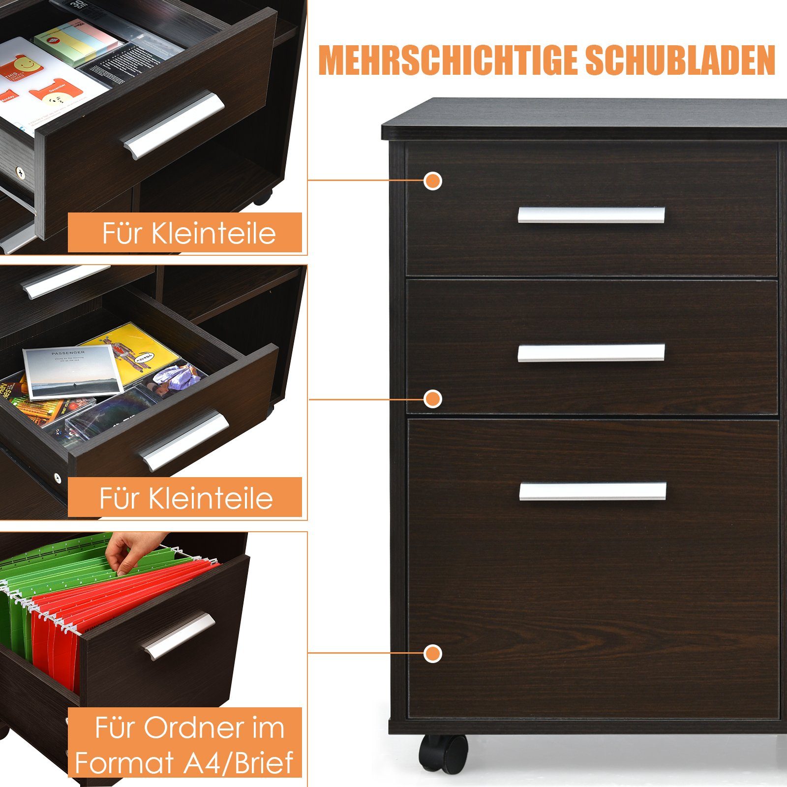 COSTWAY Aktenschrank Büroschrank auf Rollen mit 3 Schubladen, 41x81x66cm