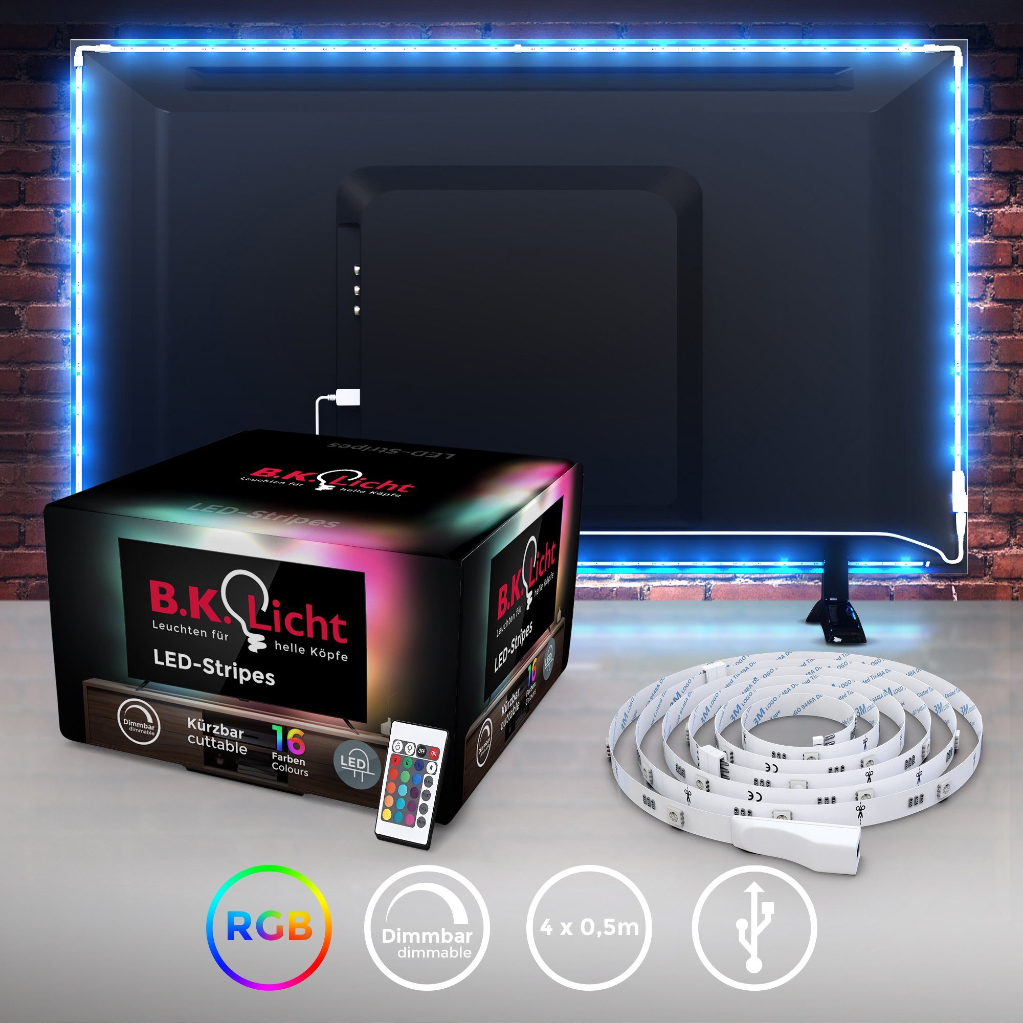 B.K.Licht LED-Streifen, LED TV Hintergrundbeleuchtung Backlight 2m USB RGB selbstklebend | LED-Stripes