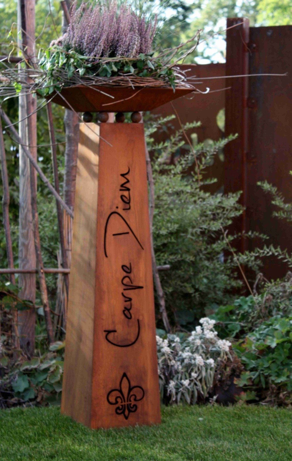 Rostikal Blumenständer Carpe Diem Deko Säule Garten 1,10 m Pflanzgefäß (Säule mit Schale), echter Rost